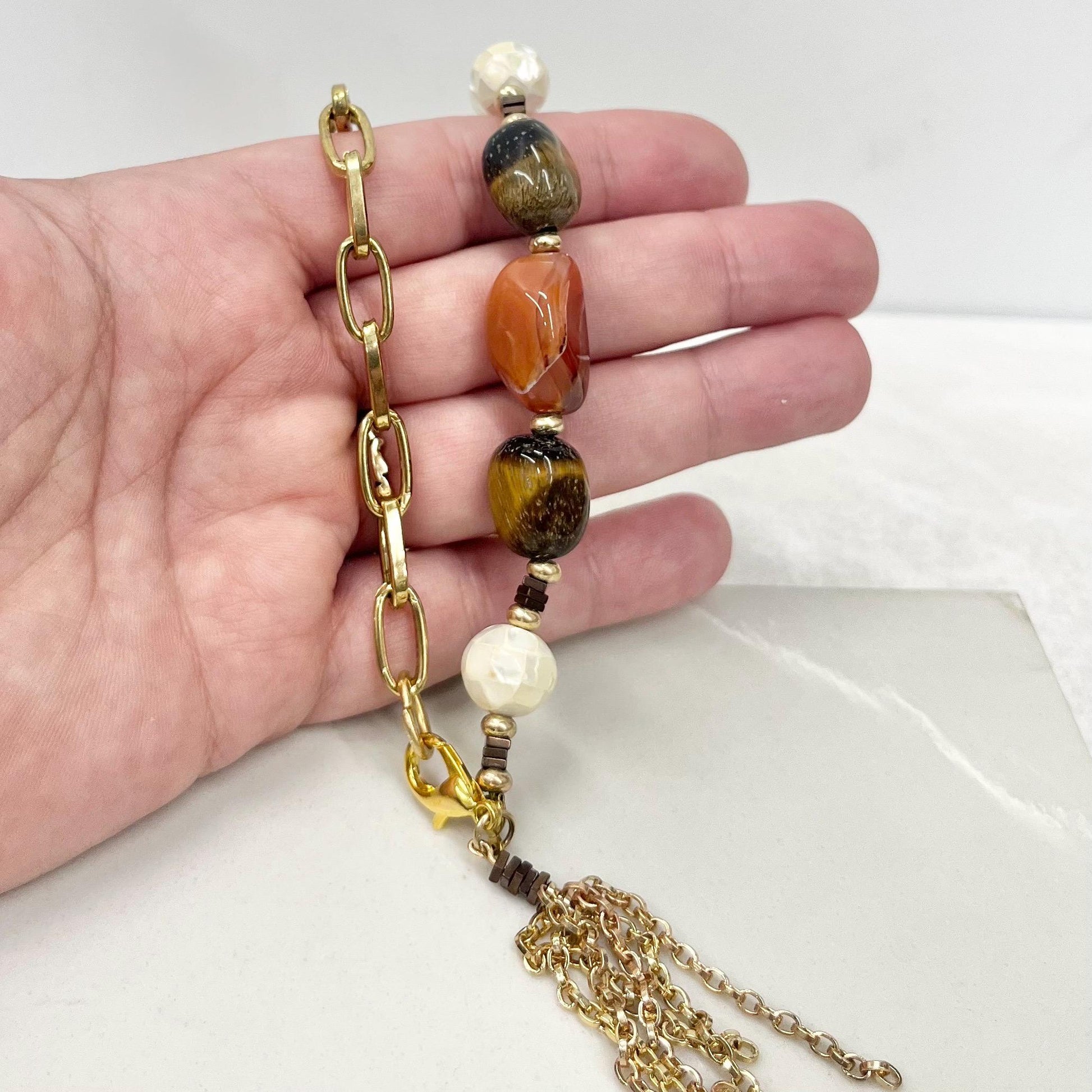 Asymetric Chain Mother Of Pearl Tigers Eye & Red Agate Tassle Drop Gold Plate Necklace 19” Long - by Milly Oliver MillyOliverVintage