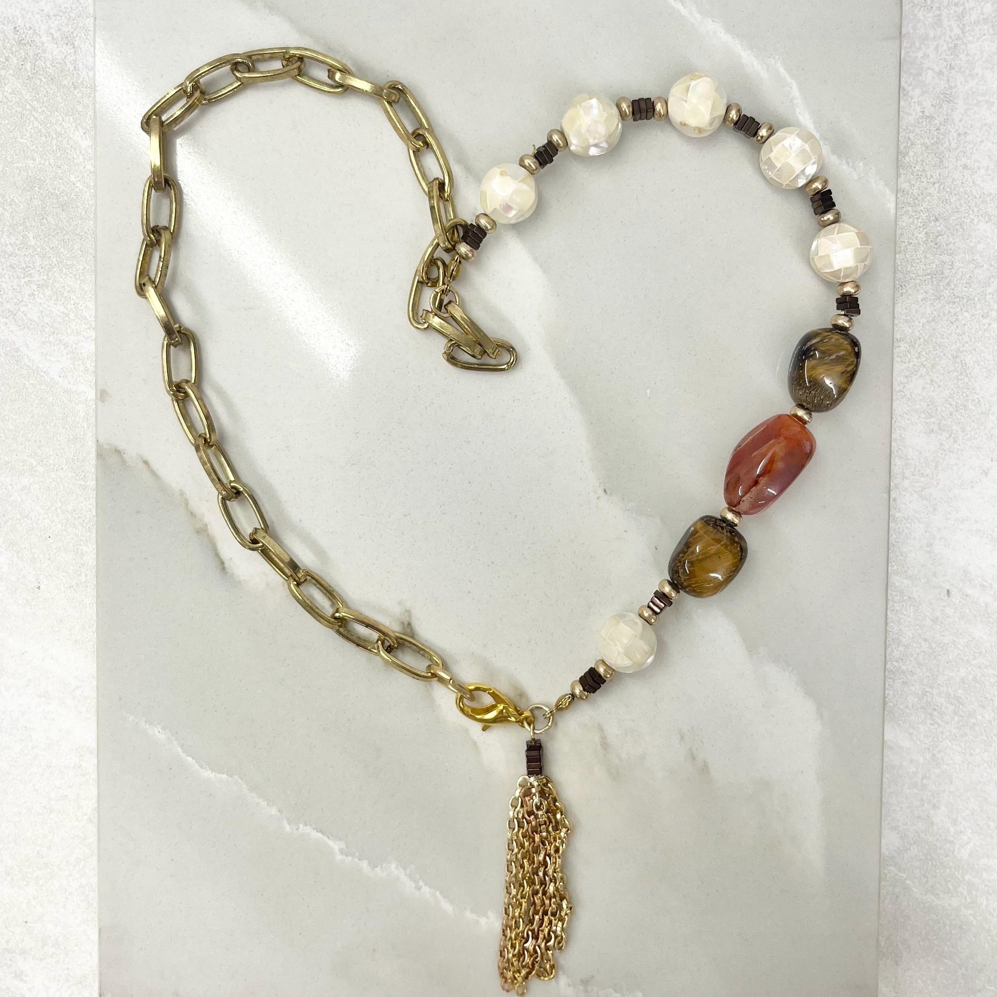 Asymetric Chain Mother Of Pearl Tigers Eye & Red Agate Tassle Drop Gold Plate Necklace 19” Long - by Milly Oliver MillyOliverVintage