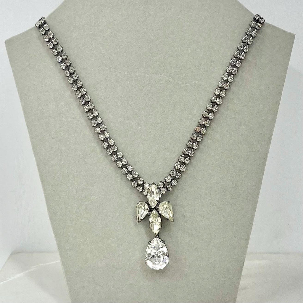 Vintage Silver Tone Clear Crystal Paste Diamante Pear Drop Necklace 1950’s - 1960’s MillyOliverVintage
