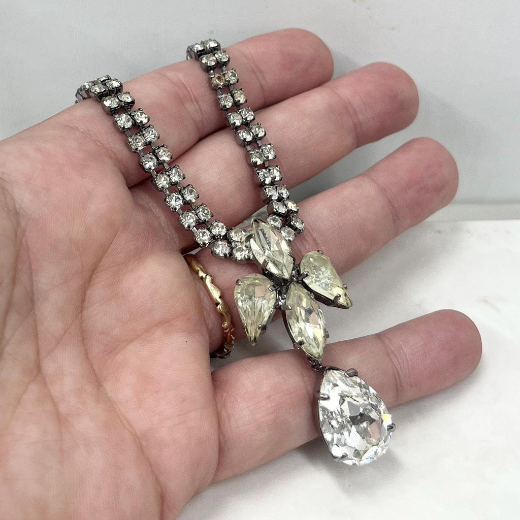 Vintage Silver Tone Clear Crystal Paste Diamante Pear Drop Necklace 1950’s - 1960’s MillyOliverVintage