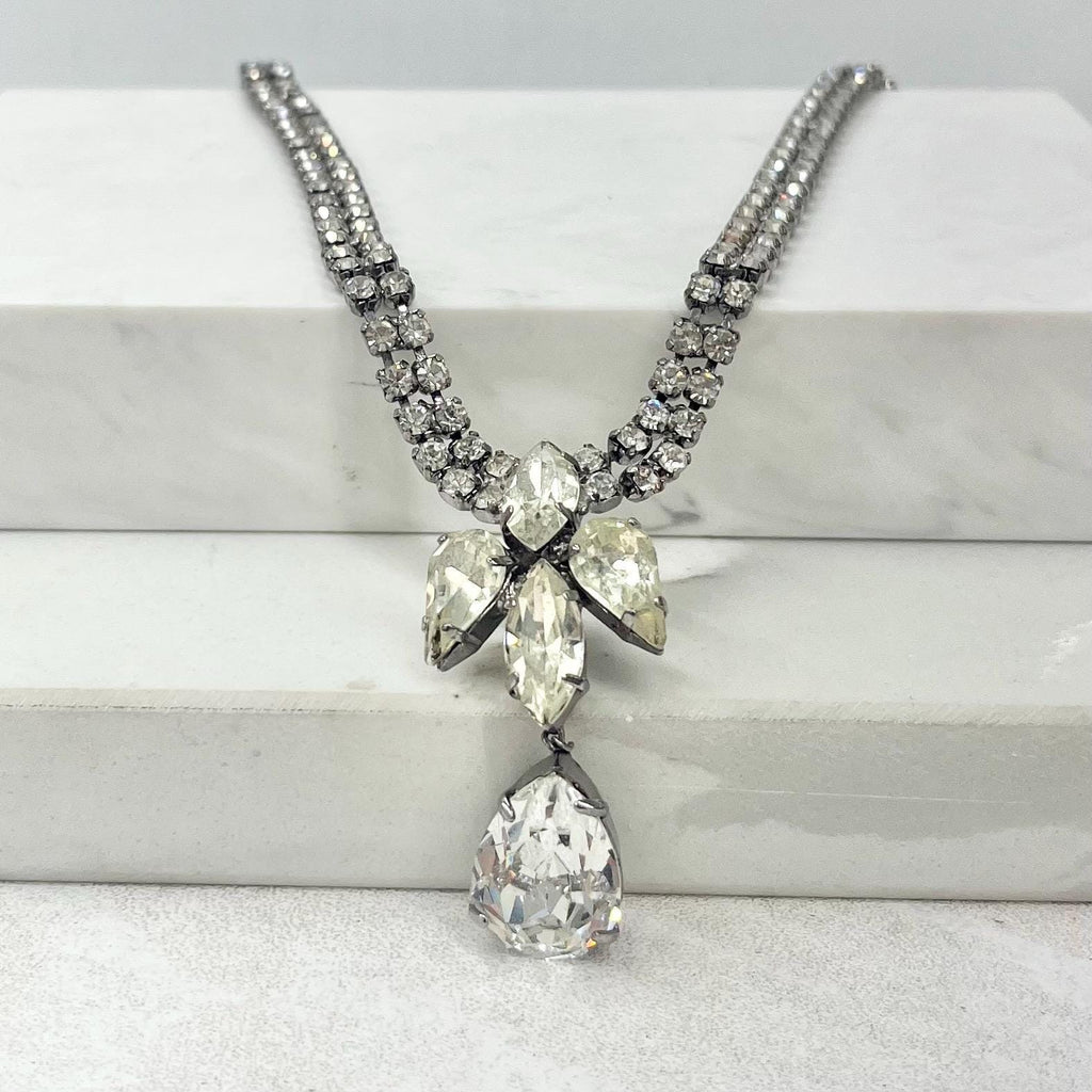 Vintage Silver Tone Clear Crystal Paste Diamante Pear Drop Necklace 1950’s - 1960’s MillyOliverVintage
