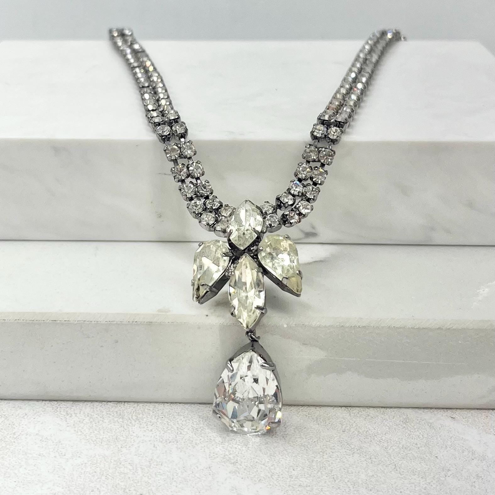 Vintage Silver Tone Clear Crystal Paste Diamante Pear Drop Necklace 1950’s - 1960’s MillyOliverVintage