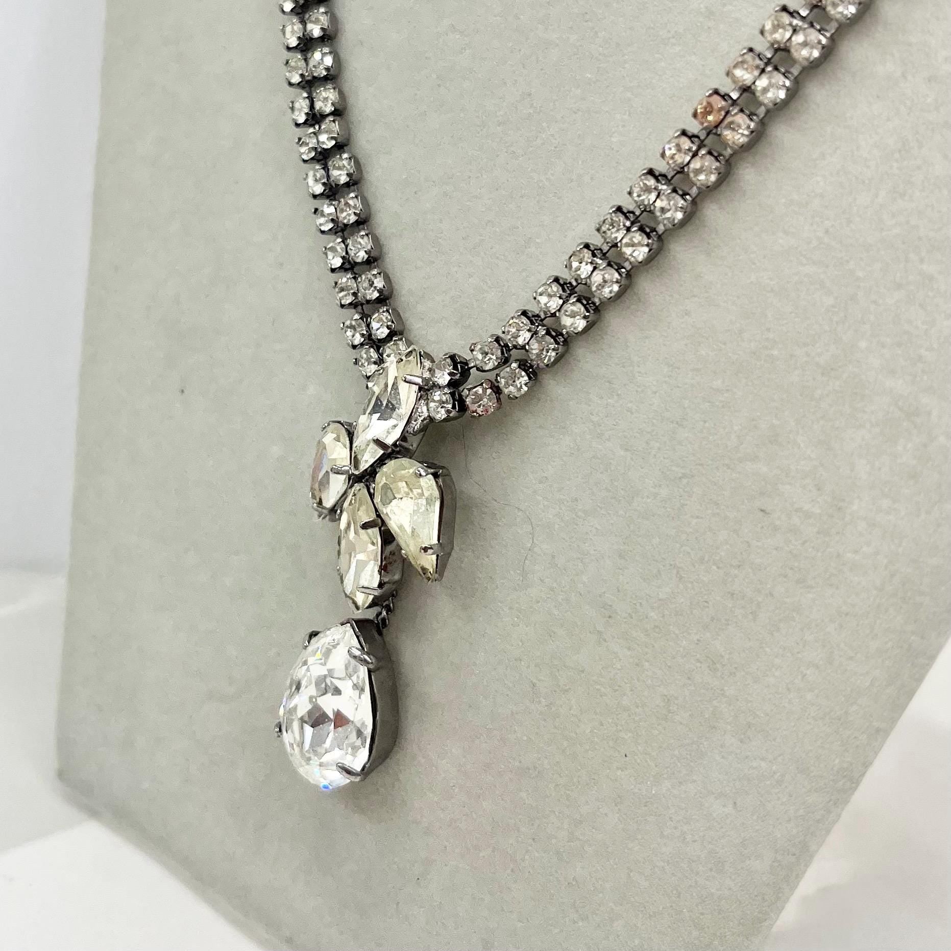 Vintage Silver Tone Clear Crystal Paste Diamante Pear Drop Necklace 1950’s - 1960’s MillyOliverVintage