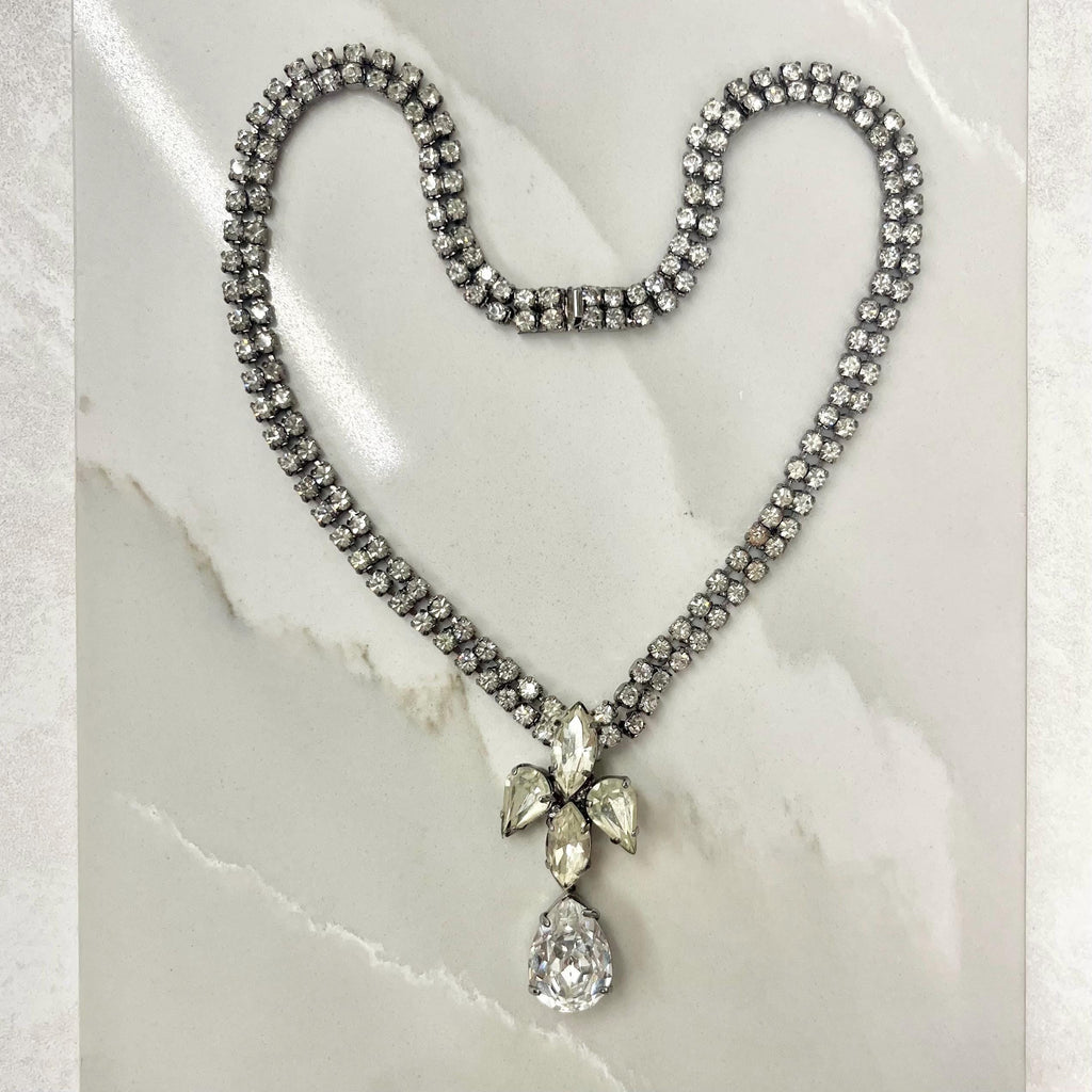 Vintage Silver Tone Clear Crystal Paste Diamante Pear Drop Necklace 1950’s - 1960’s MillyOliverVintage