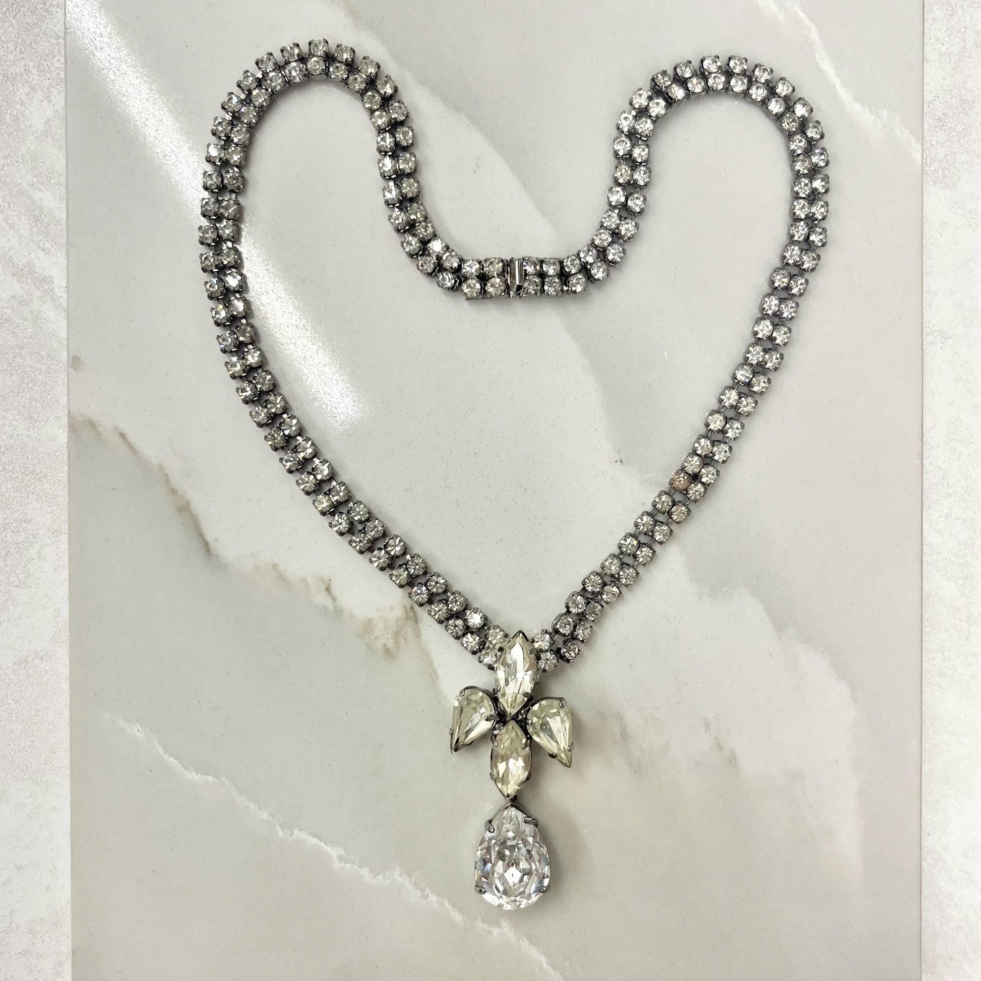 Vintage Silver Tone Clear Crystal Paste Diamante Pear Drop Necklace 1950’s - 1960’s MillyOliverVintage