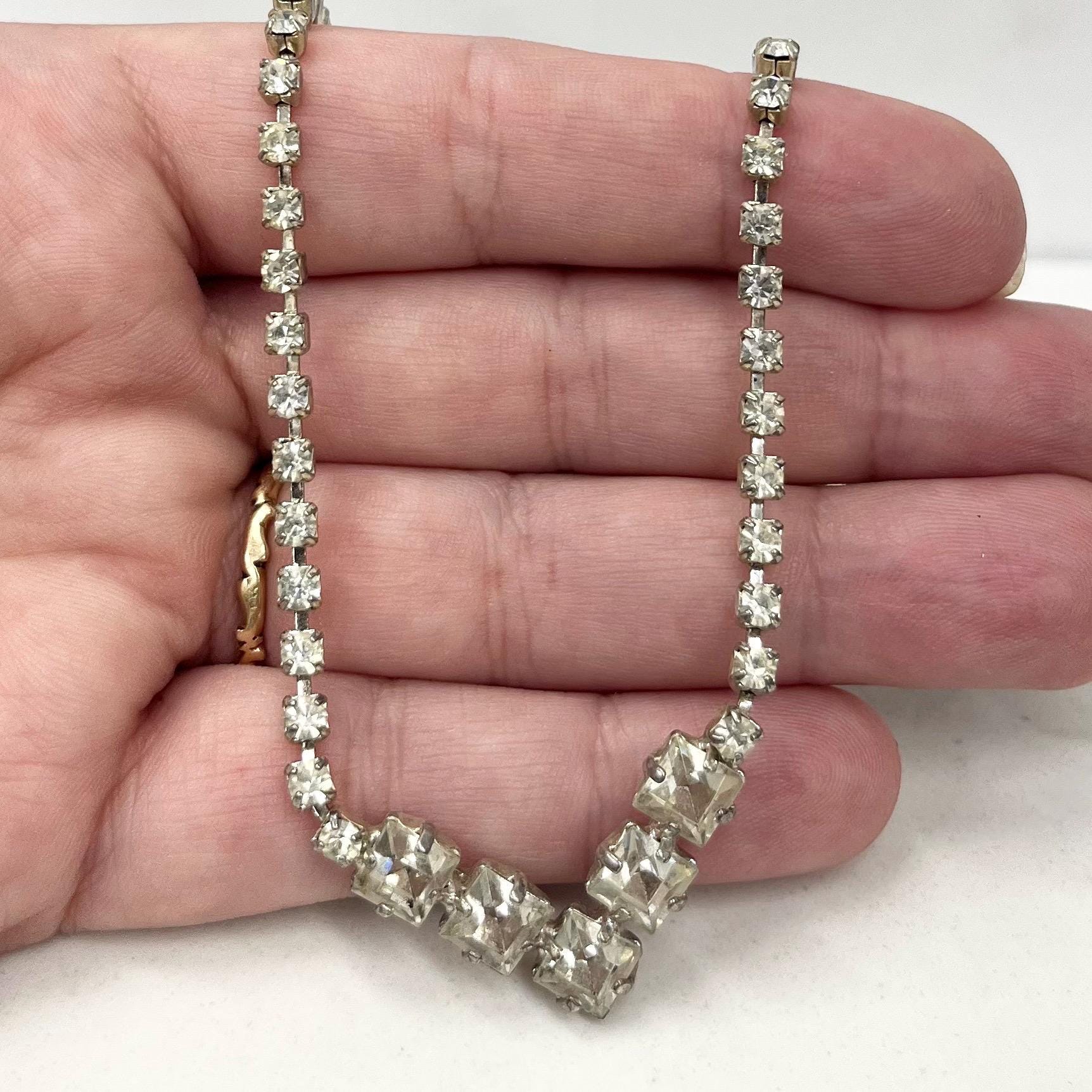 Vintage Silver Tone Clear Crystal Paste V Neck Necklace 1950’s - 1960’s MillyOliverVintage
