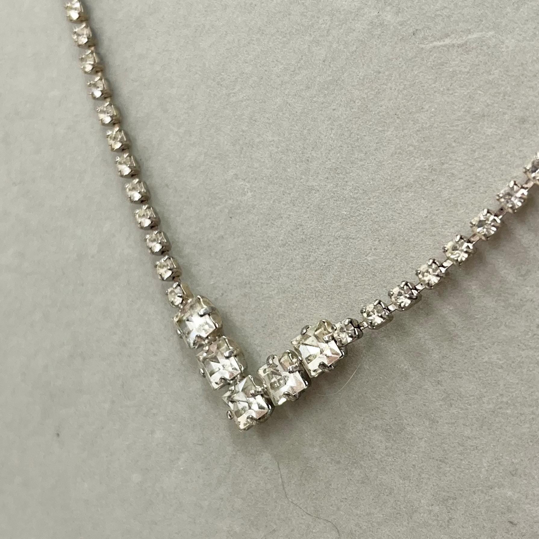 Vintage Silver Tone Clear Crystal Paste V Neck Necklace 1950’s - 1960’s MillyOliverVintage