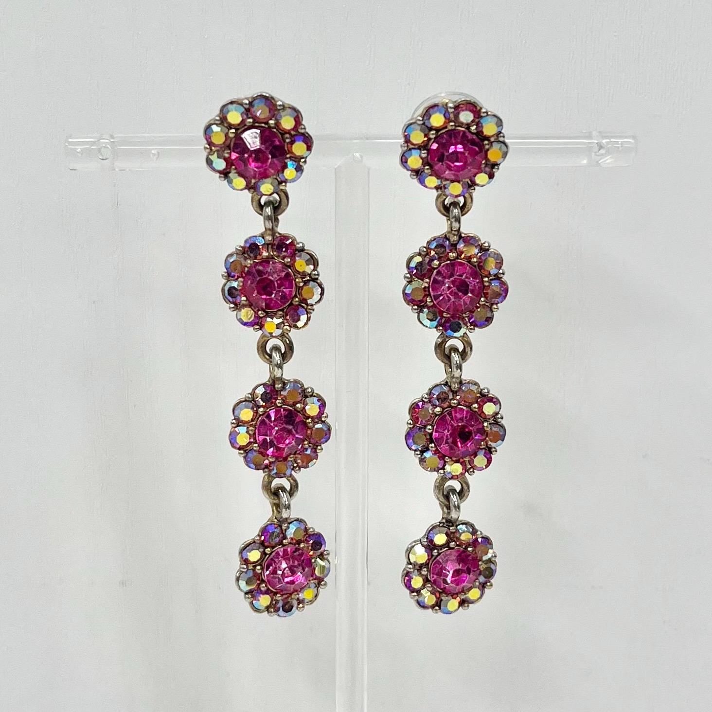 Vintage Fuchsia Pink Long Flower Drop Earrings in a Silver Tone Setting 1980’s - 1990’s MillyOliverVintage