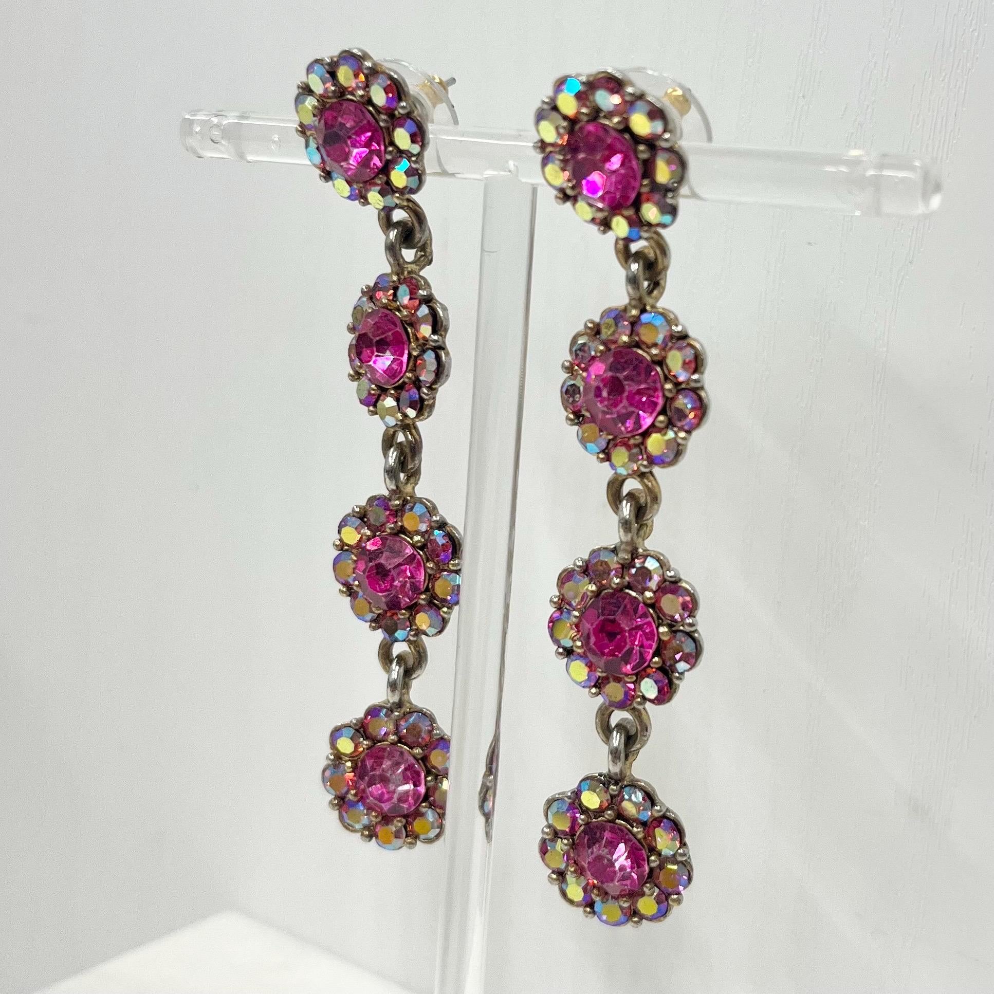 Vintage Fuchsia Pink Long Flower Drop Earrings in a Silver Tone Setting 1980’s - 1990’s MillyOliverVintage