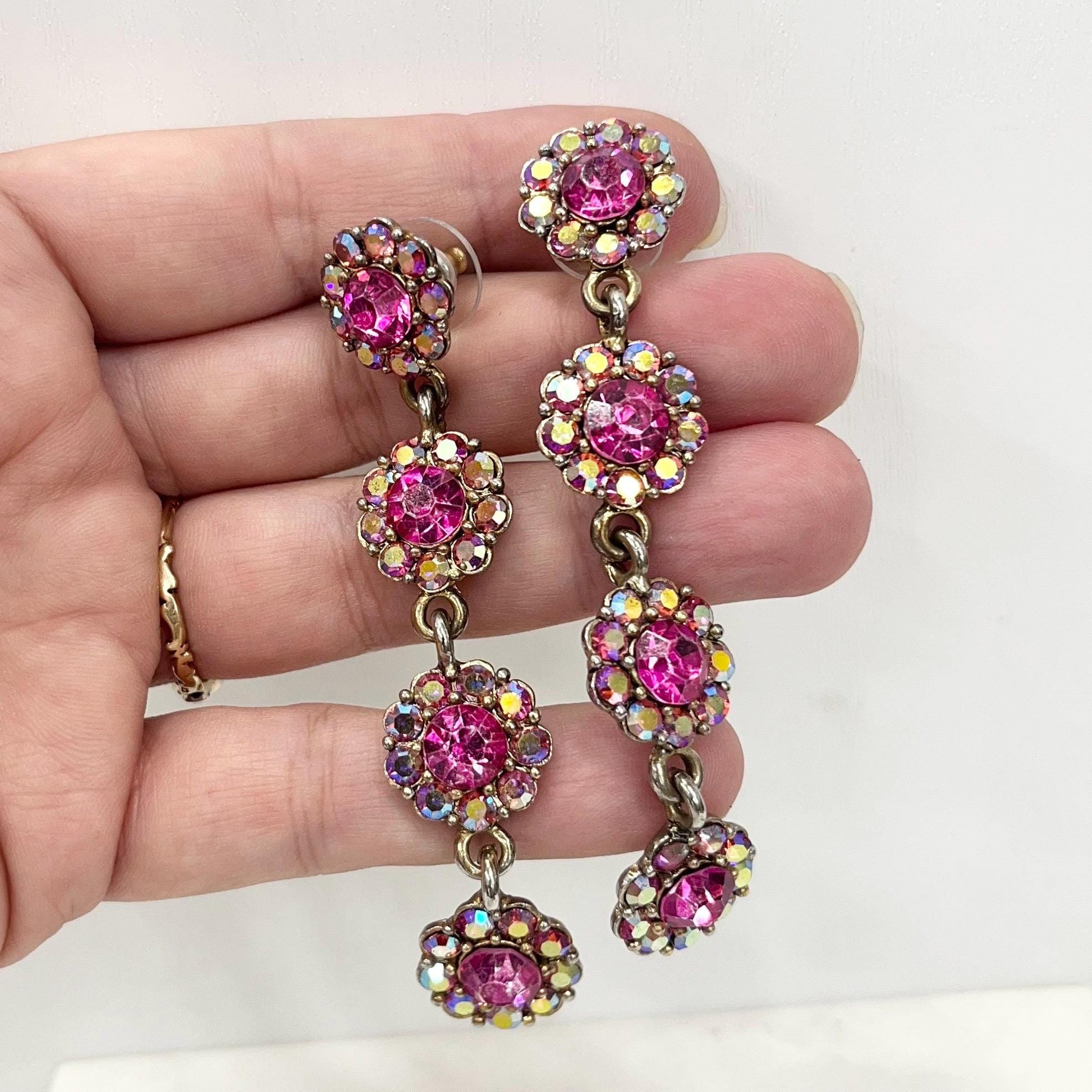 Vintage Fuchsia Pink Long Flower Drop Earrings in a Silver Tone Setting 1980’s - 1990’s MillyOliverVintage