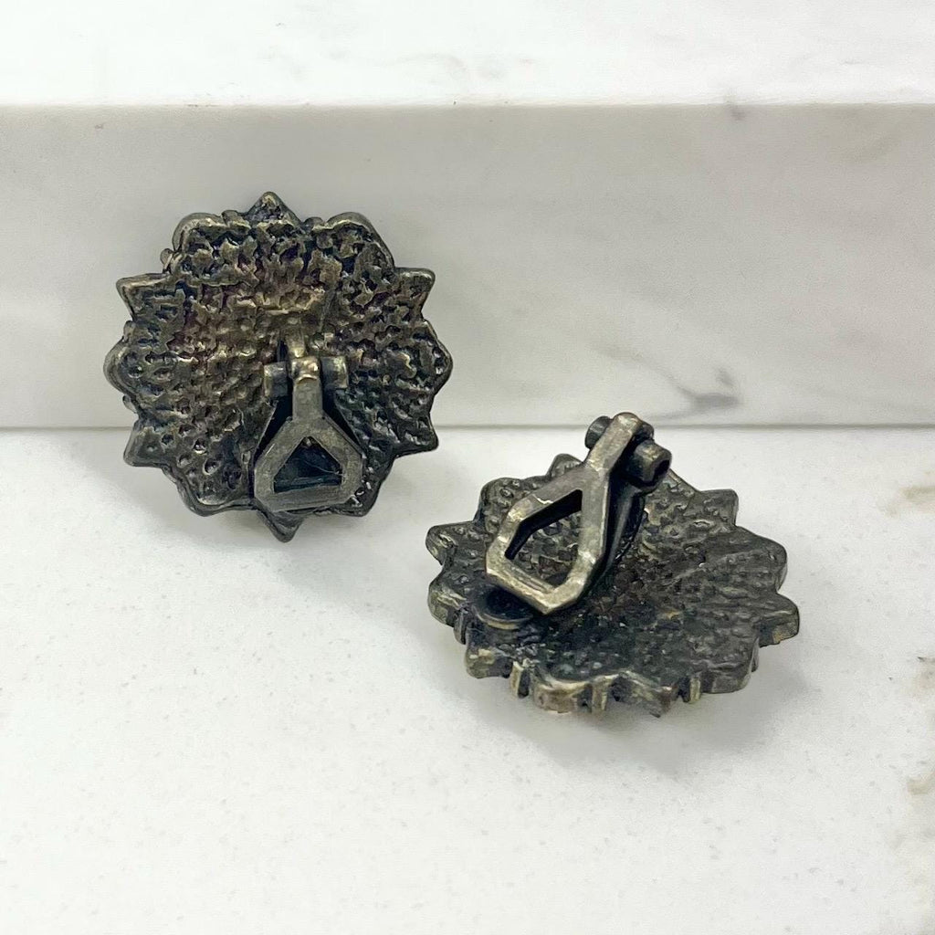 Vintage Diamante Crystal Flower Clip On Earrings in a Dark Gun Metal Setting 1980’s - 1990’s MillyOliverVintage