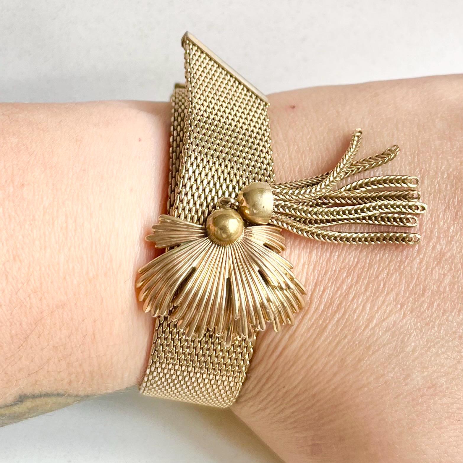 Vintage Gold Plate 1960’s 1970’s Adjustable Mesh Tassle Drop Ribbon Bracelet Fabulously Designed MillyOliverVintage