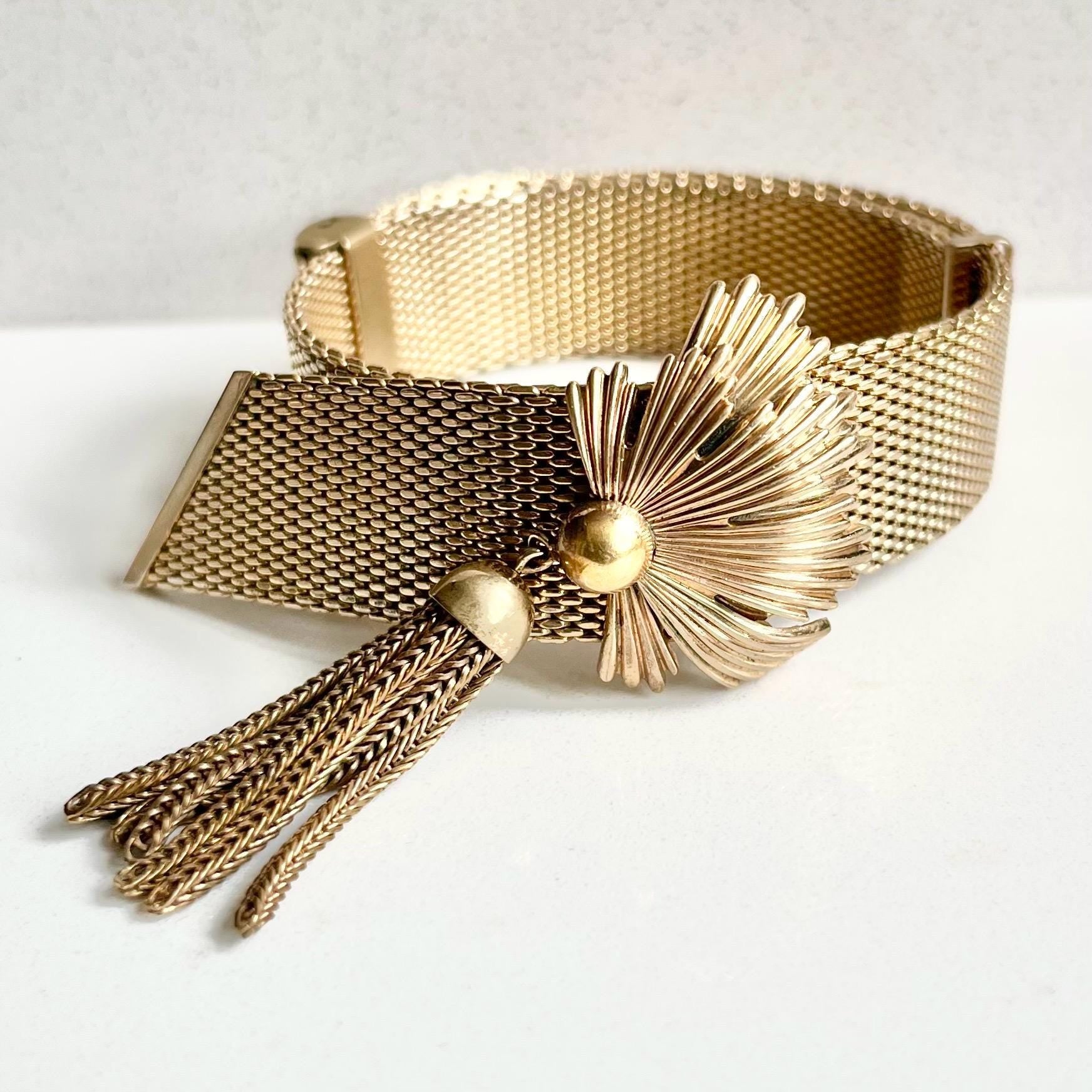 Vintage Gold Plate 1960’s 1970’s Adjustable Mesh Tassle Drop Ribbon Bracelet Fabulously Designed MillyOliverVintage
