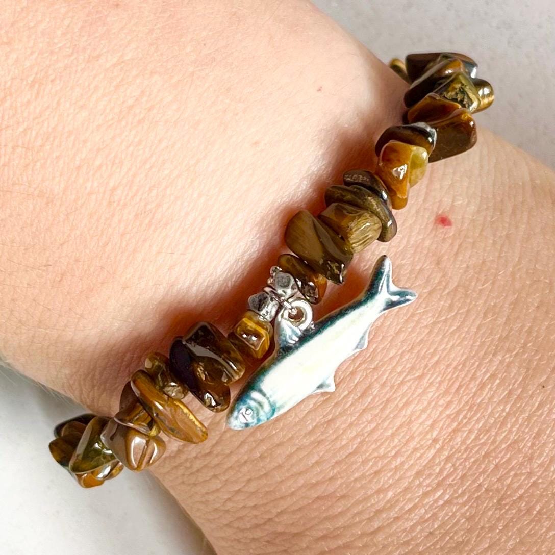 Fish & Chips Silver Plate Tigers Eye Bead Charm Bracelet - Milly Oliver MillyOliverVintage
