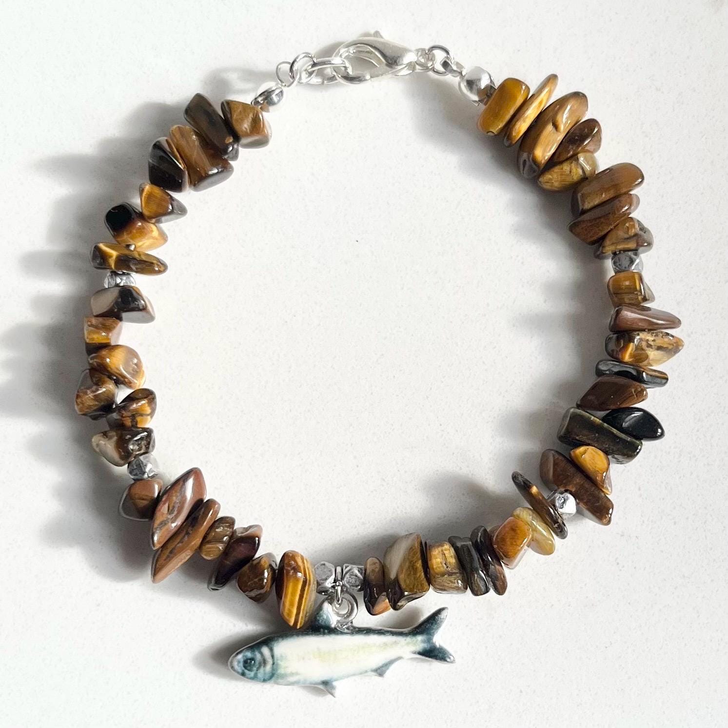 Fish & Chips Silver Plate Tigers Eye Bead Charm Bracelet - Milly Oliver MillyOliverVintage