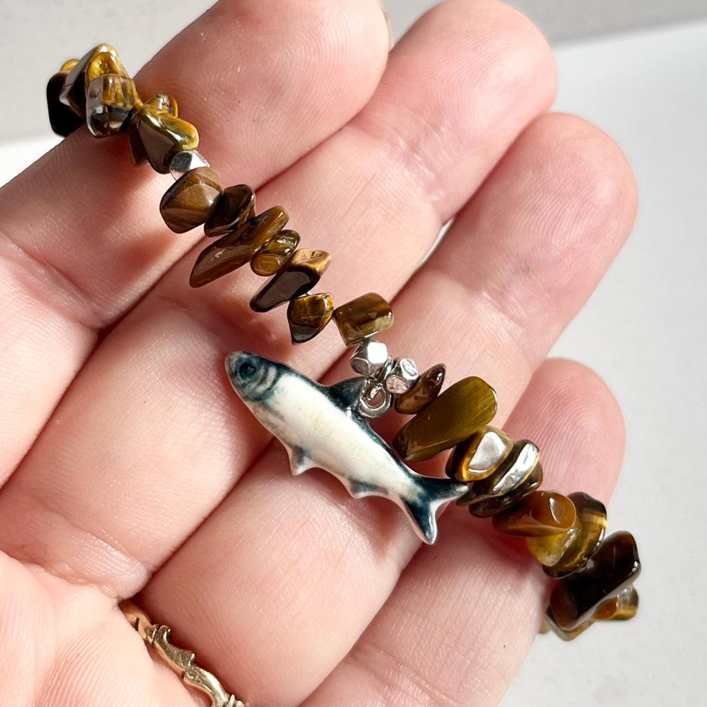 Fish & Chips Silver Plate Tigers Eye Bead Charm Bracelet - Milly Oliver MillyOliverVintage