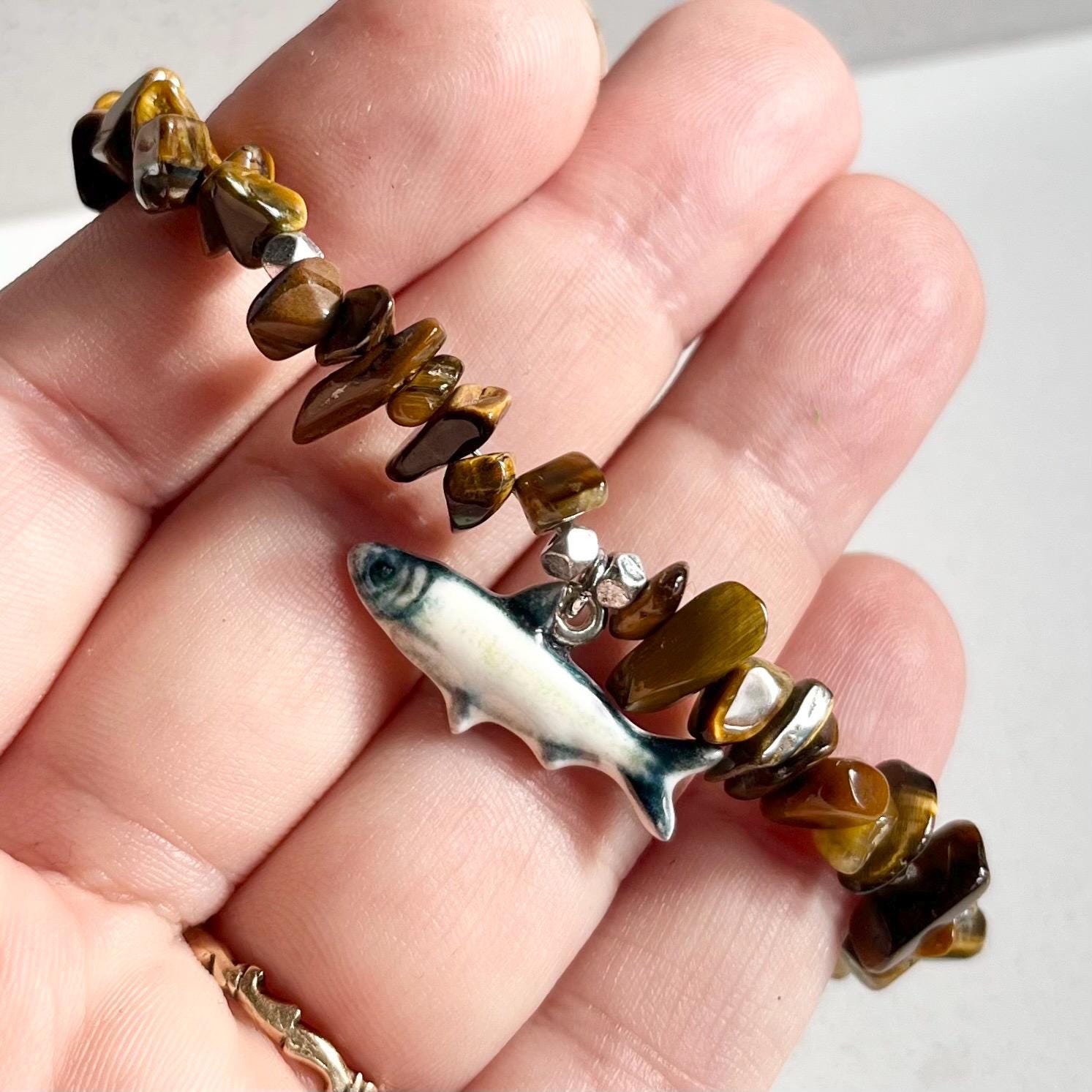 Fish & Chips Silver Plate Tigers Eye Bead Charm Bracelet - Milly Oliver MillyOliverVintage