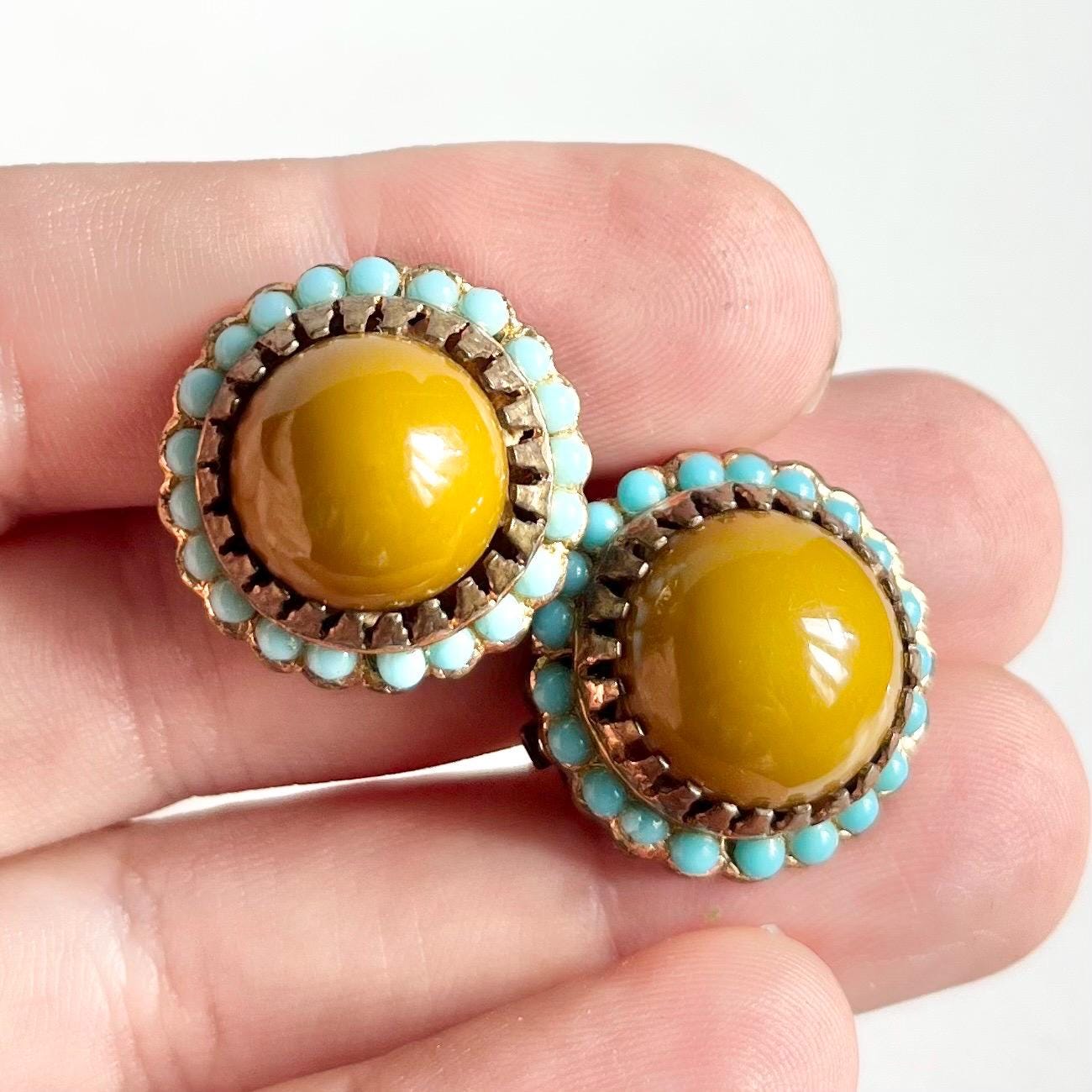 Rare Antique Butterscotch Amber Bakelite Clip on Earrings with a Turquoise Halo Made In Italy 1910-1920’s MillyOliverVintage