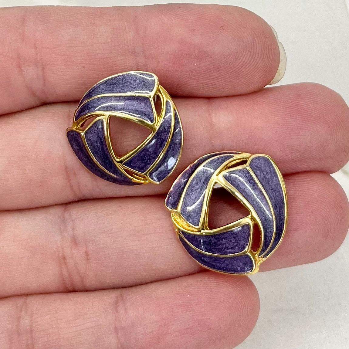 Vintage Gold Tone Purple Enamel Earrings for Pierced Ears 1980’s - 1990’s MillyOliverVintage