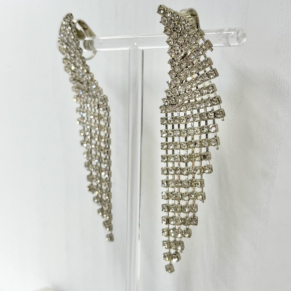 Vintage Silver Tone Diamante Crystal Long Tassle Drop Clip On Earrings 1980’s - 1990’s MillyOliverVintage