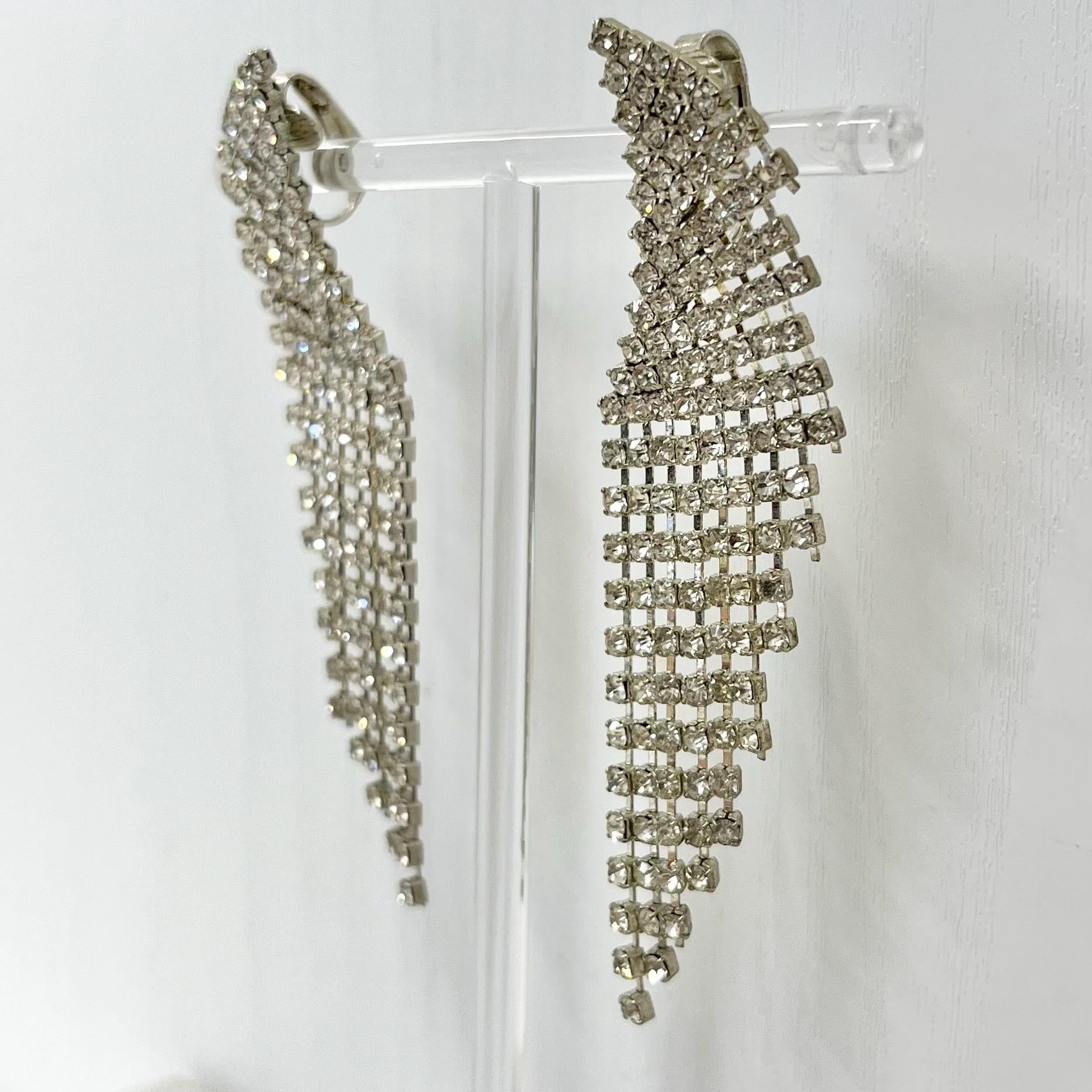 Vintage Silver Tone Diamante Crystal Long Tassle Drop Clip On Earrings 1980’s - 1990’s MillyOliverVintage