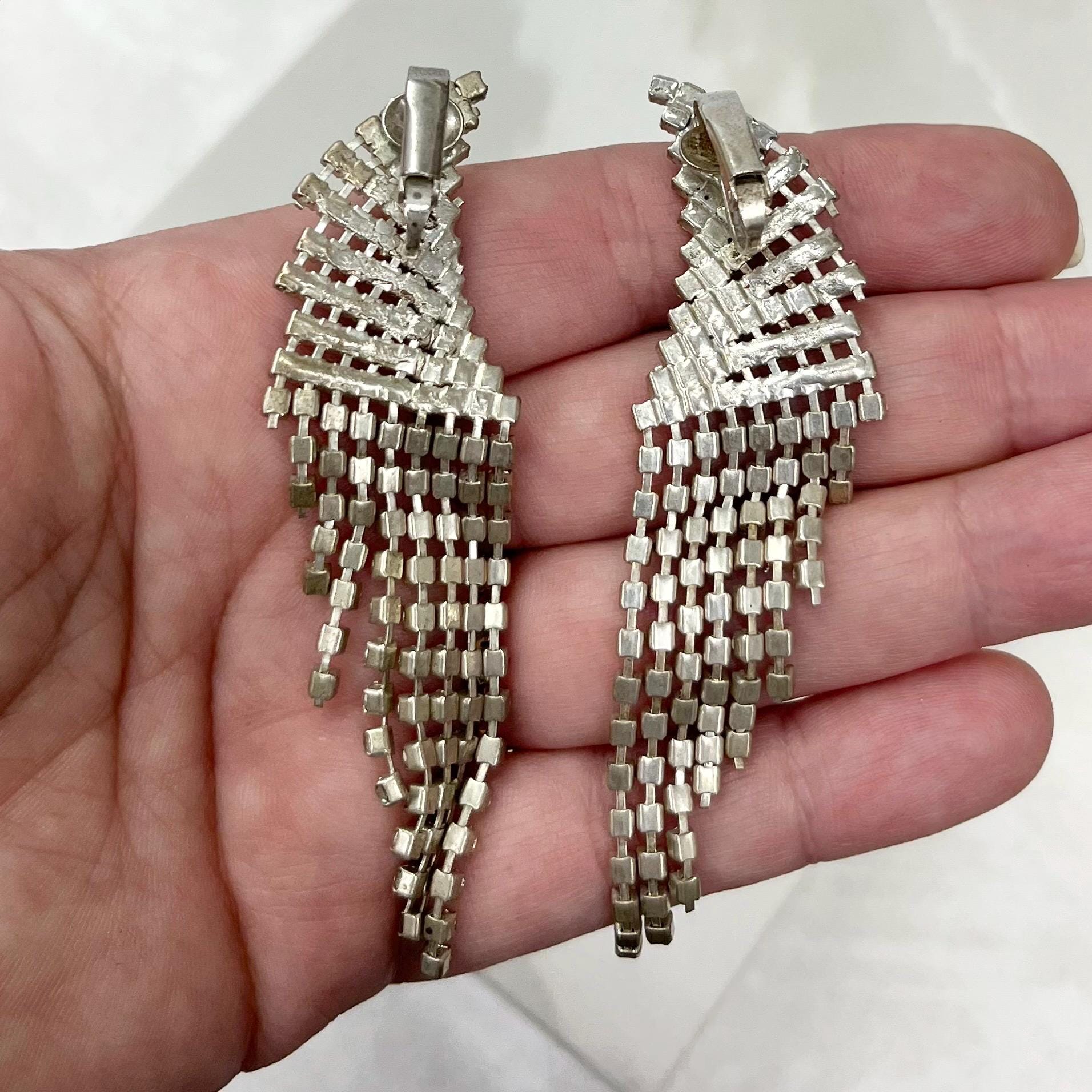 Vintage Silver Tone Diamante Crystal Long Tassle Drop Clip On Earrings 1980’s - 1990’s MillyOliverVintage