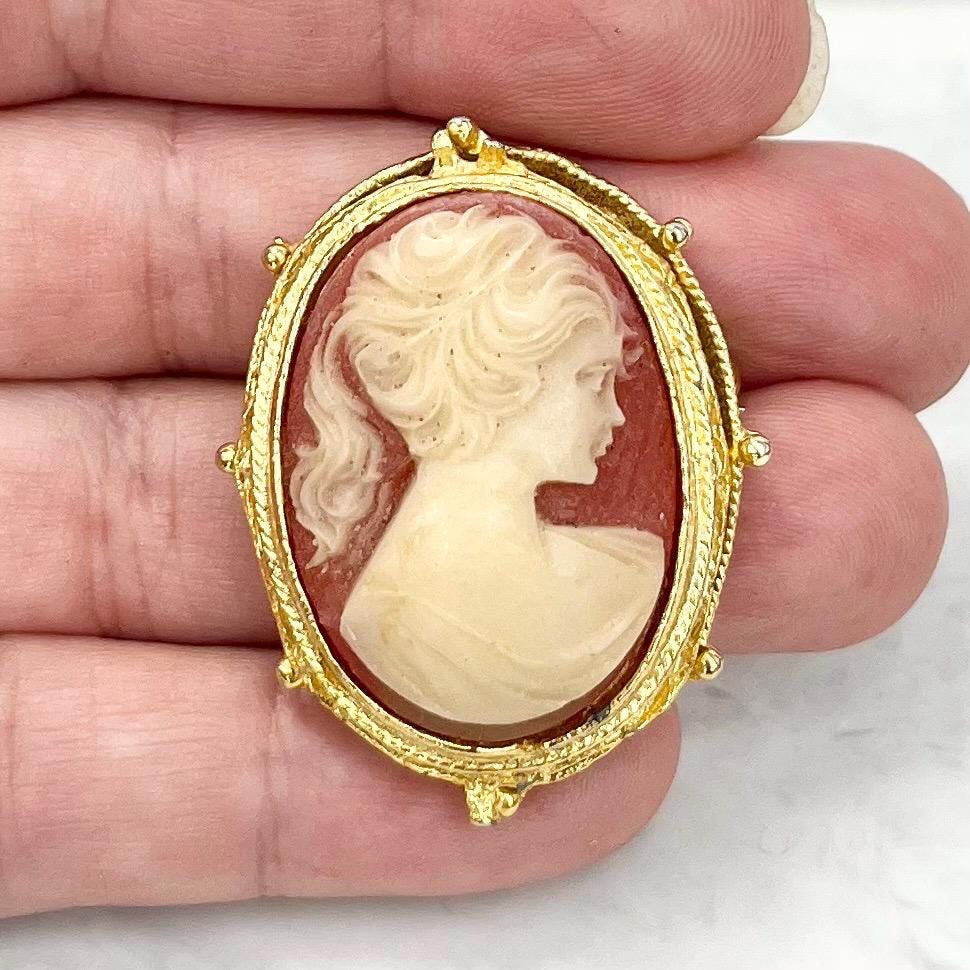 Vintage Orange Coral Coloured & Cream Faux Cameo Brooch in an Intricate Gold Tone Setting Victorian Style MillyOliverVintage