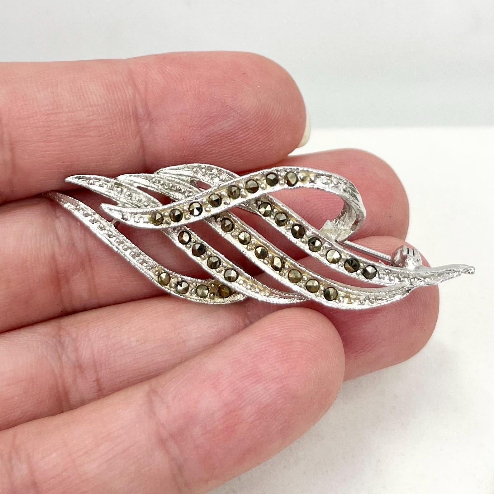 Vintage Silver Tone Sparkling Marcasite Ribbon Brooch MillyOliverVintage