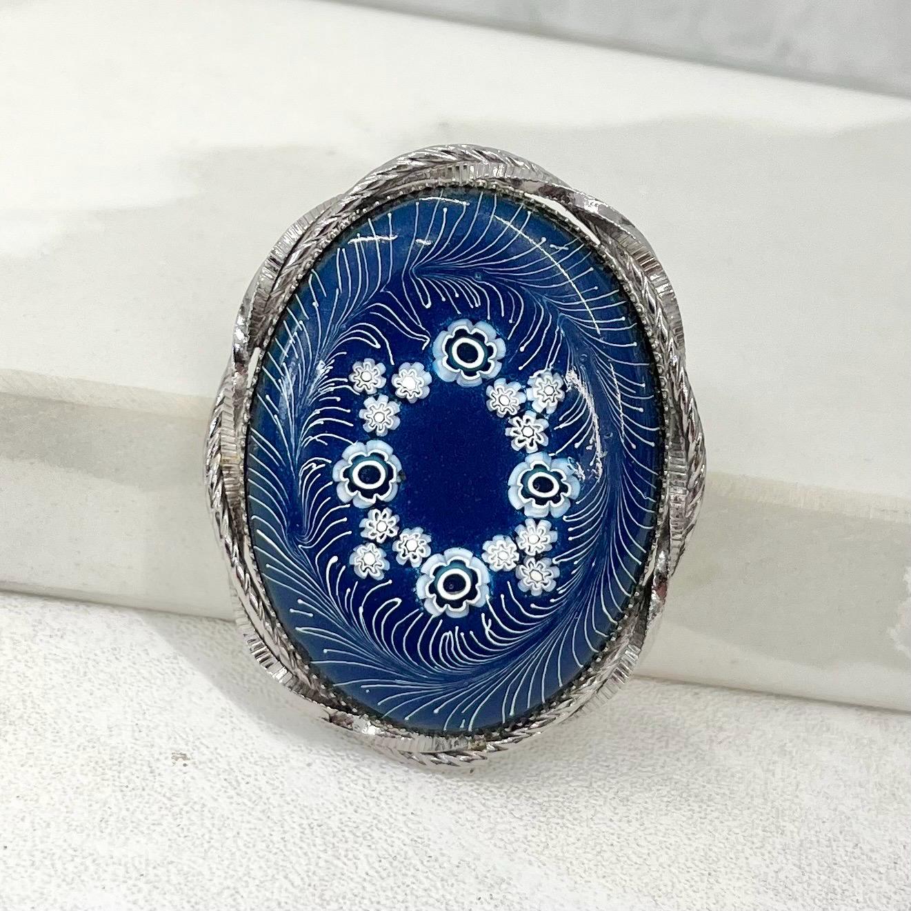 Vintage Large Silver Tone Oval Blue & White Millefiori Floral Glass Brooch / Pendant MillyOliverVintage
