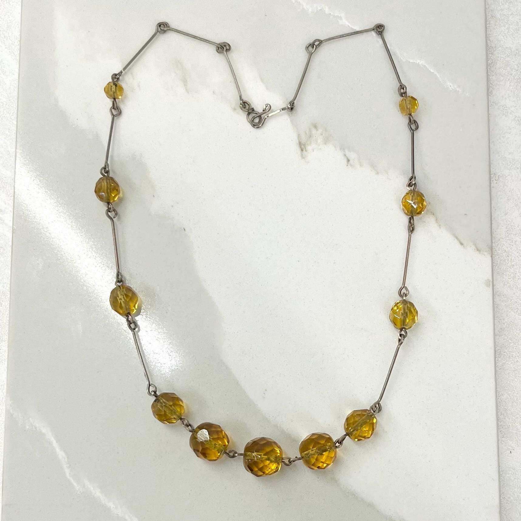 Antique Art Deco Golden Topaz Coloured Czech Glass Bead Necklace Necklace 17” Long MillyOliverVintage