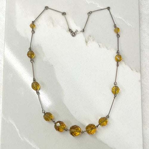 Antique Art Deco Golden Topaz Coloured Czech Glass Bead Necklace Necklace 17” Long MillyOliverVintage