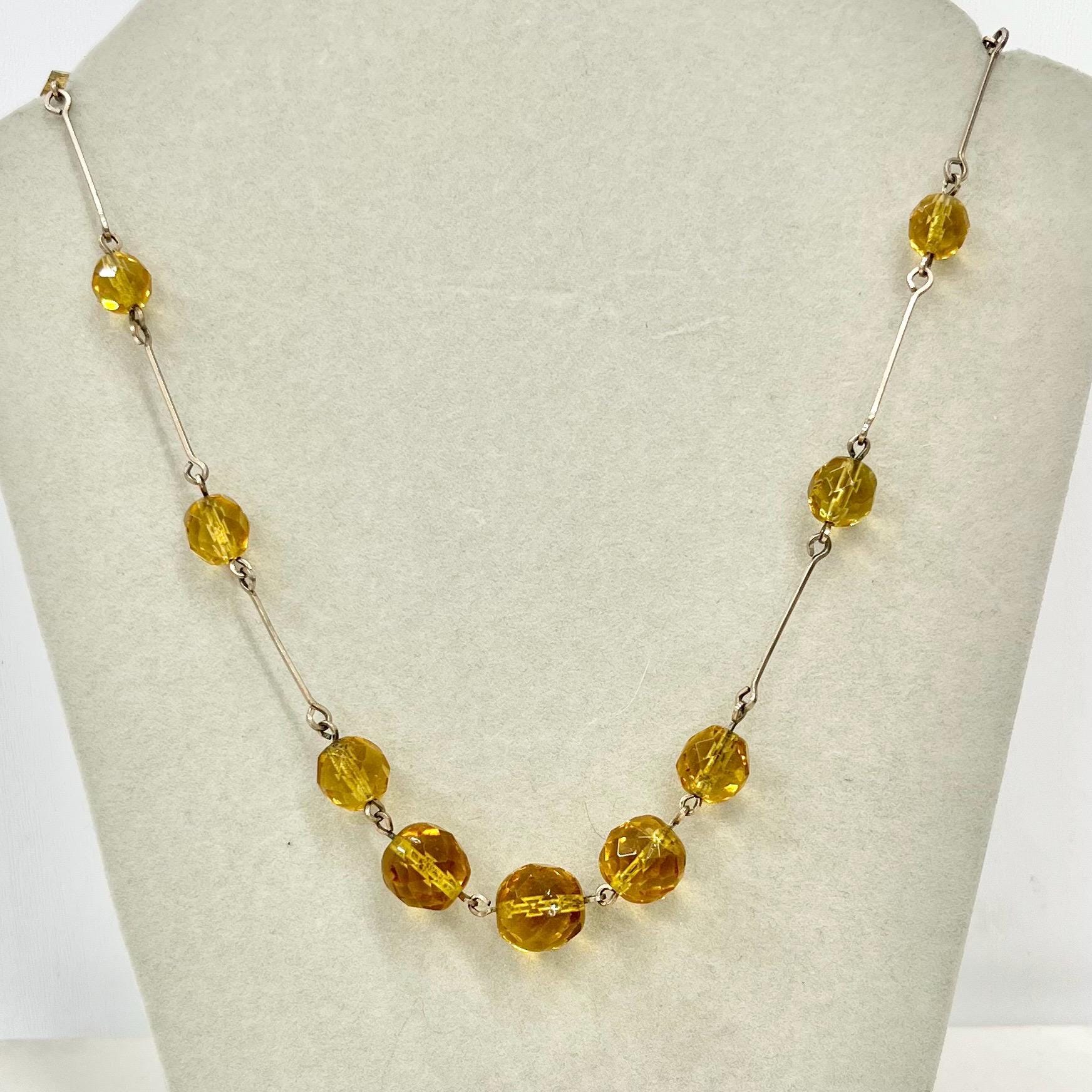Antique Art Deco Golden Topaz Coloured Czech Glass Bead Necklace Necklace 17” Long MillyOliverVintage