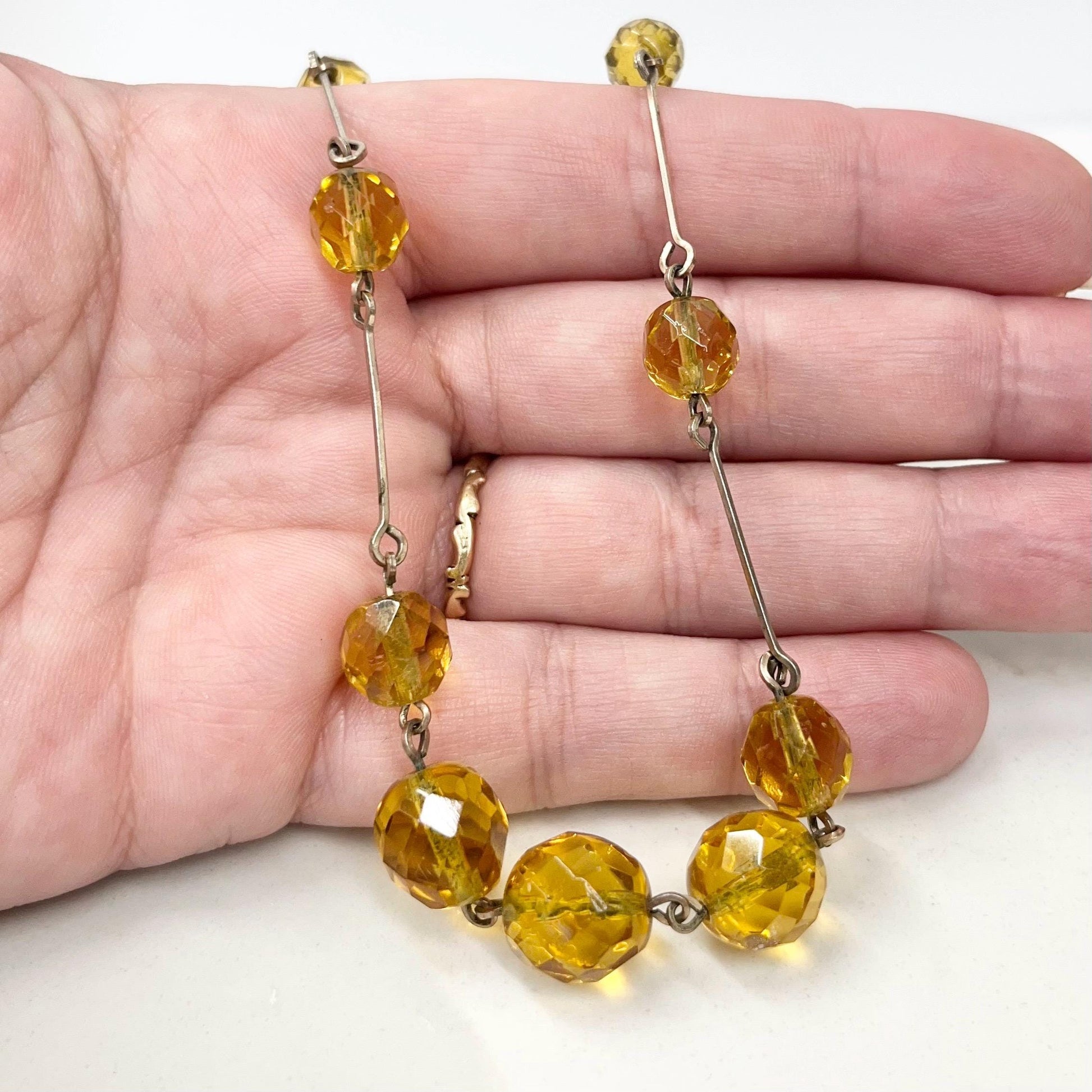 Antique Art Deco Golden Topaz Coloured Czech Glass Bead Necklace Necklace 17” Long MillyOliverVintage