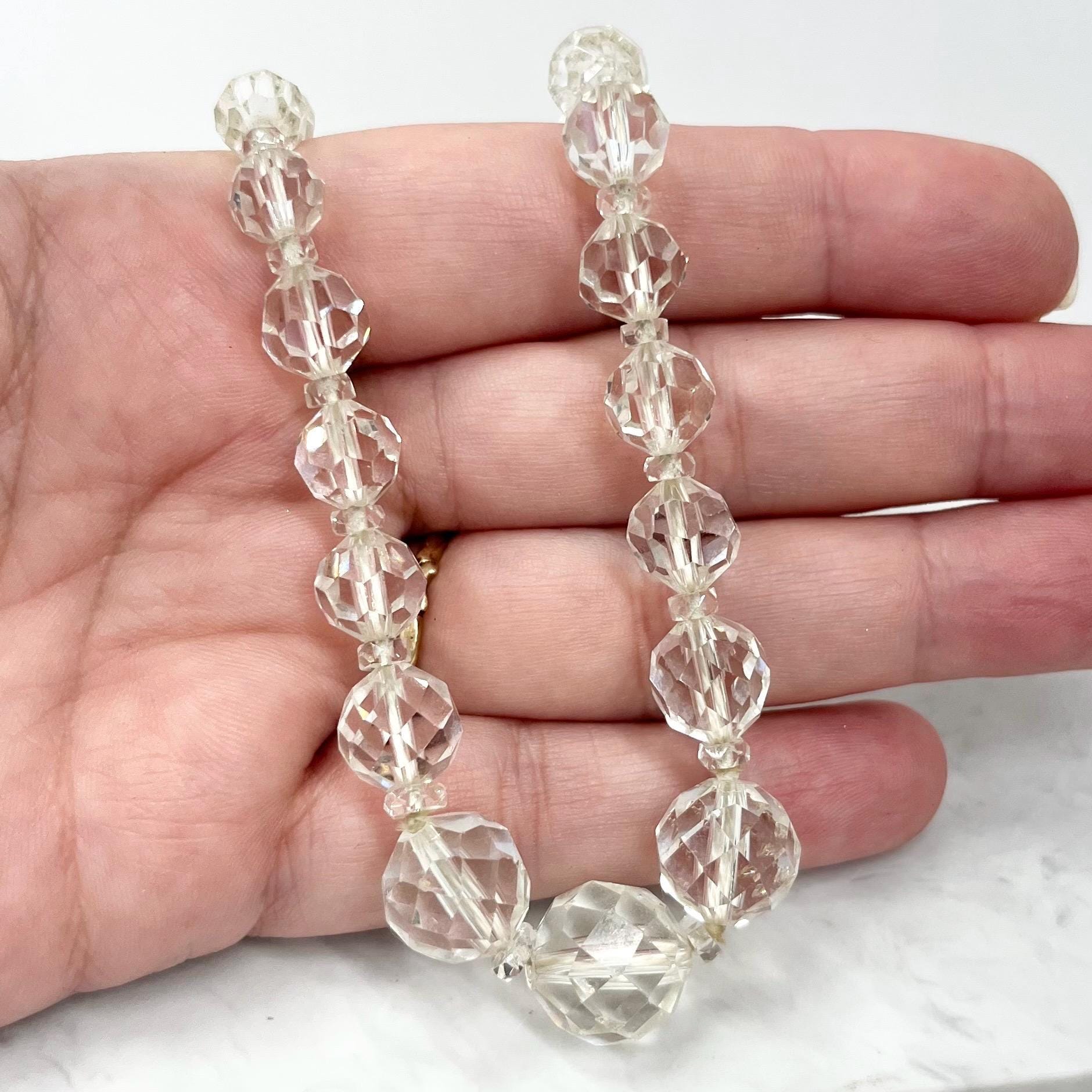 Vintage Art Deco 1930’s Long Clear Faceted Glass Crystal Round Bead Necklace Chunky Vintage Jewellery 16” Long MillyOliverVintage