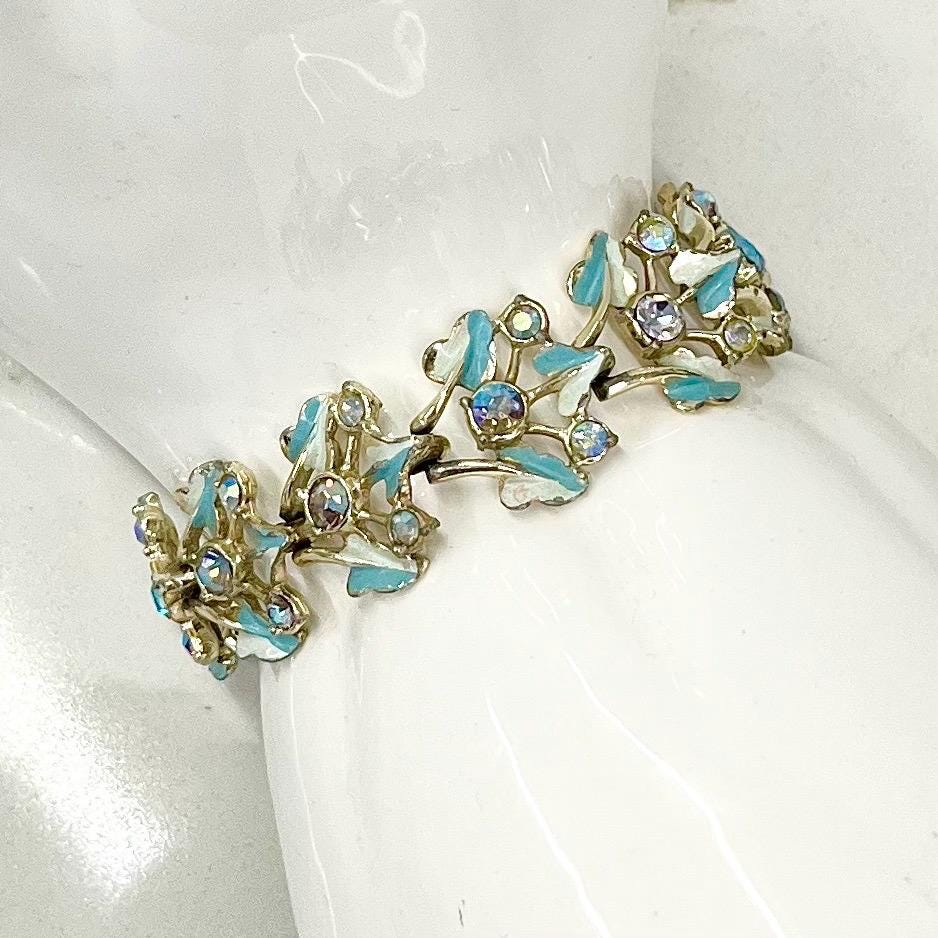 Vintage Turquoise Blue Aurora Borealis & Enamel 1970’s Leaf Link Silver Tone Bracelet MillyOliverVintage