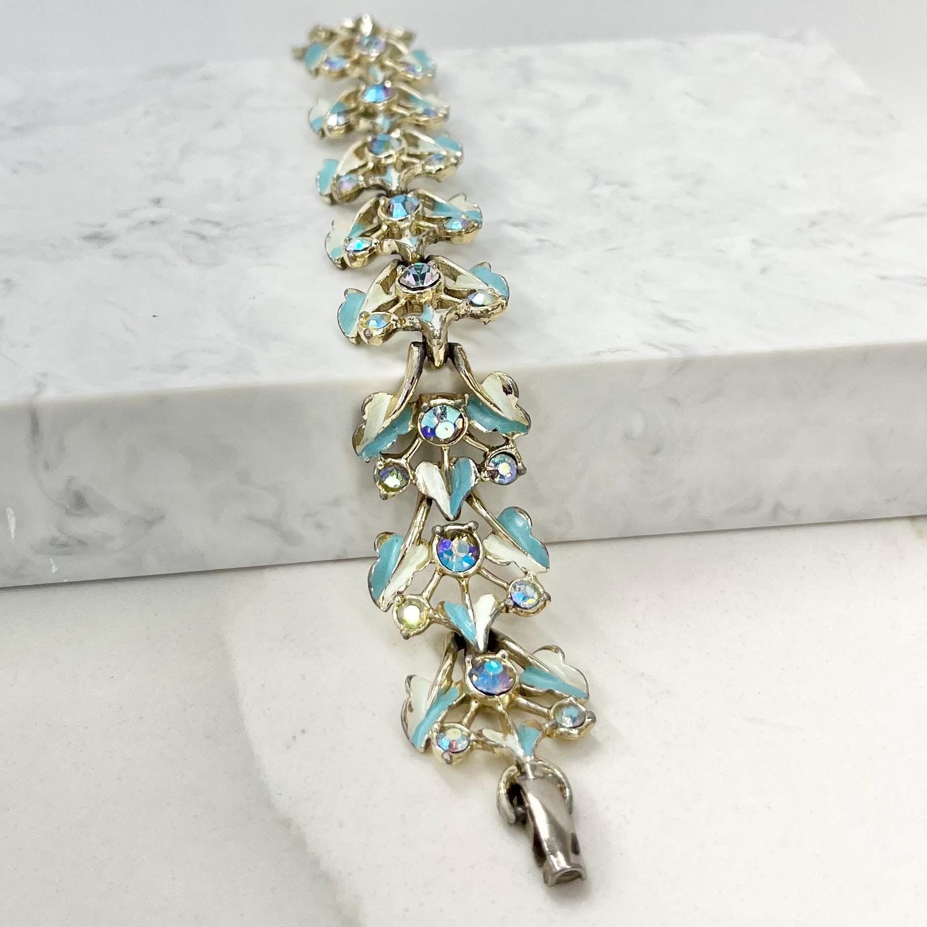 Vintage Turquoise Blue Aurora Borealis & Enamel 1970’s Leaf Link Silver Tone Bracelet MillyOliverVintage