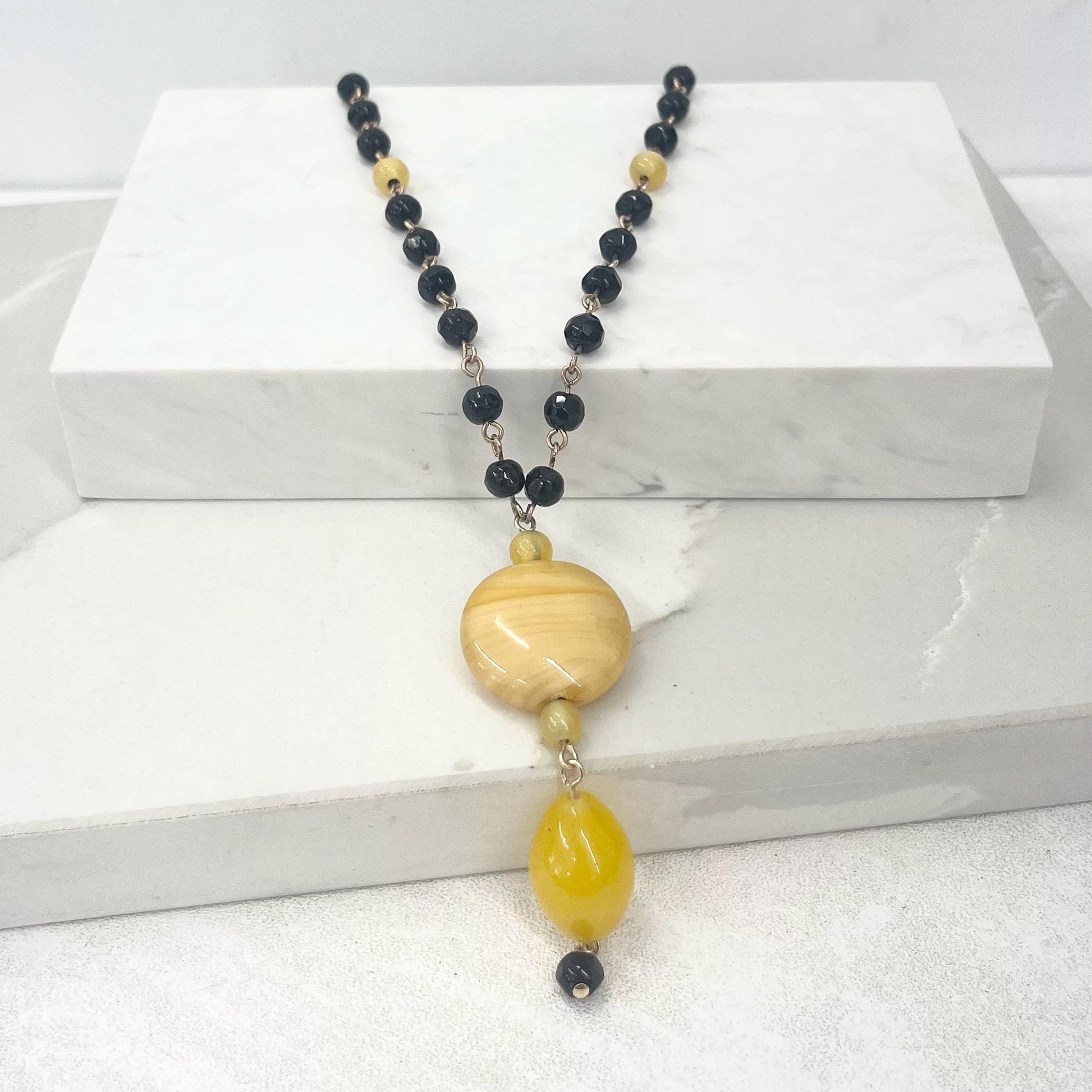 Czech Art Deco Black & Yellow Glass Uranium Bead Drop Necklace UV Reactive Glow 15” Long with a 2” Extender Chain MillyOliverVintage