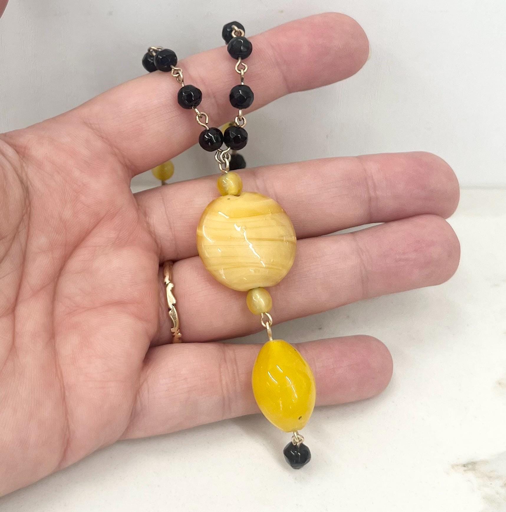 Czech Art Deco Black & Yellow Glass Uranium Bead Drop Necklace UV Reactive Glow 15” Long with a 2” Extender Chain MillyOliverVintage