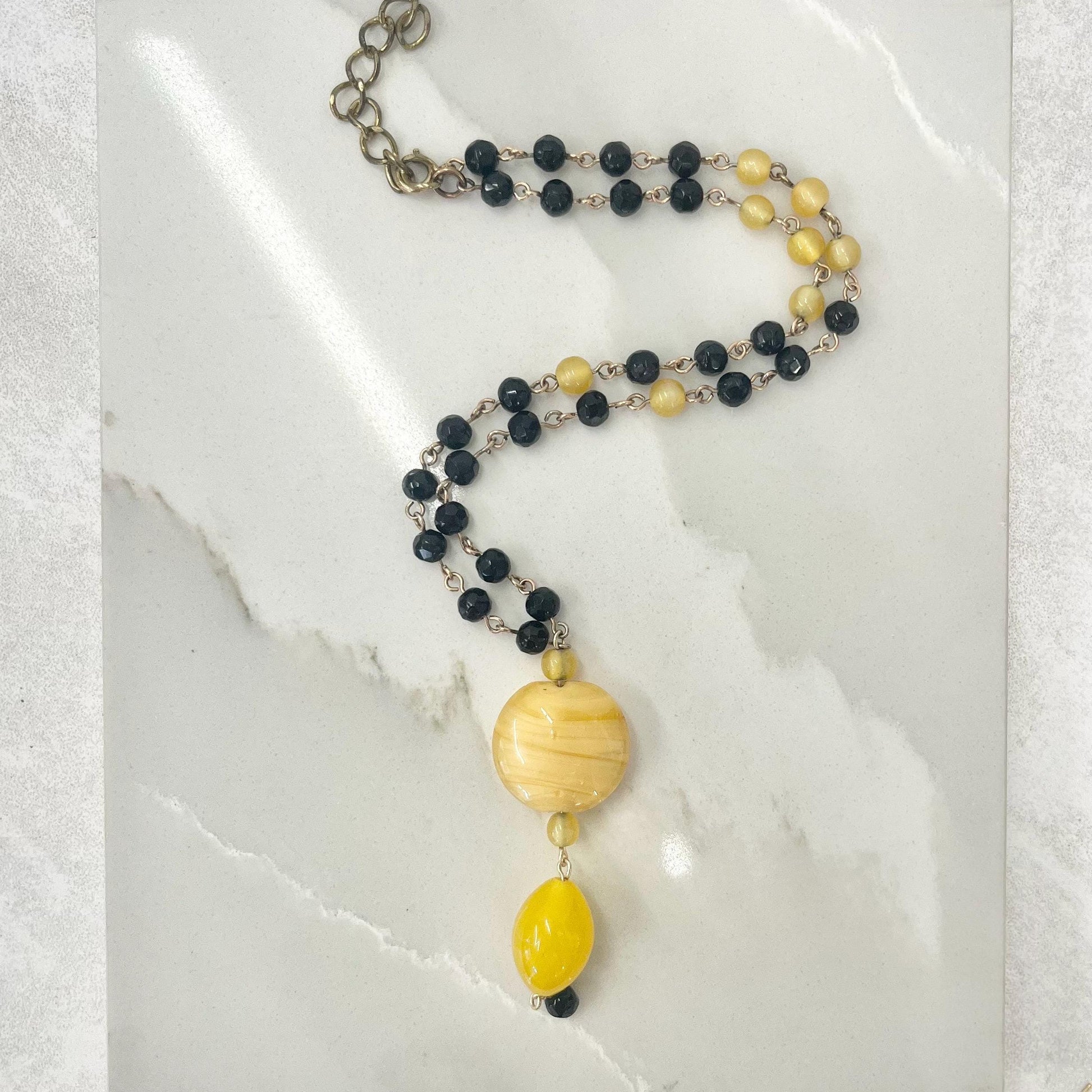 Czech Art Deco Black & Yellow Glass Uranium Bead Drop Necklace UV Reactive Glow 15” Long with a 2” Extender Chain MillyOliverVintage