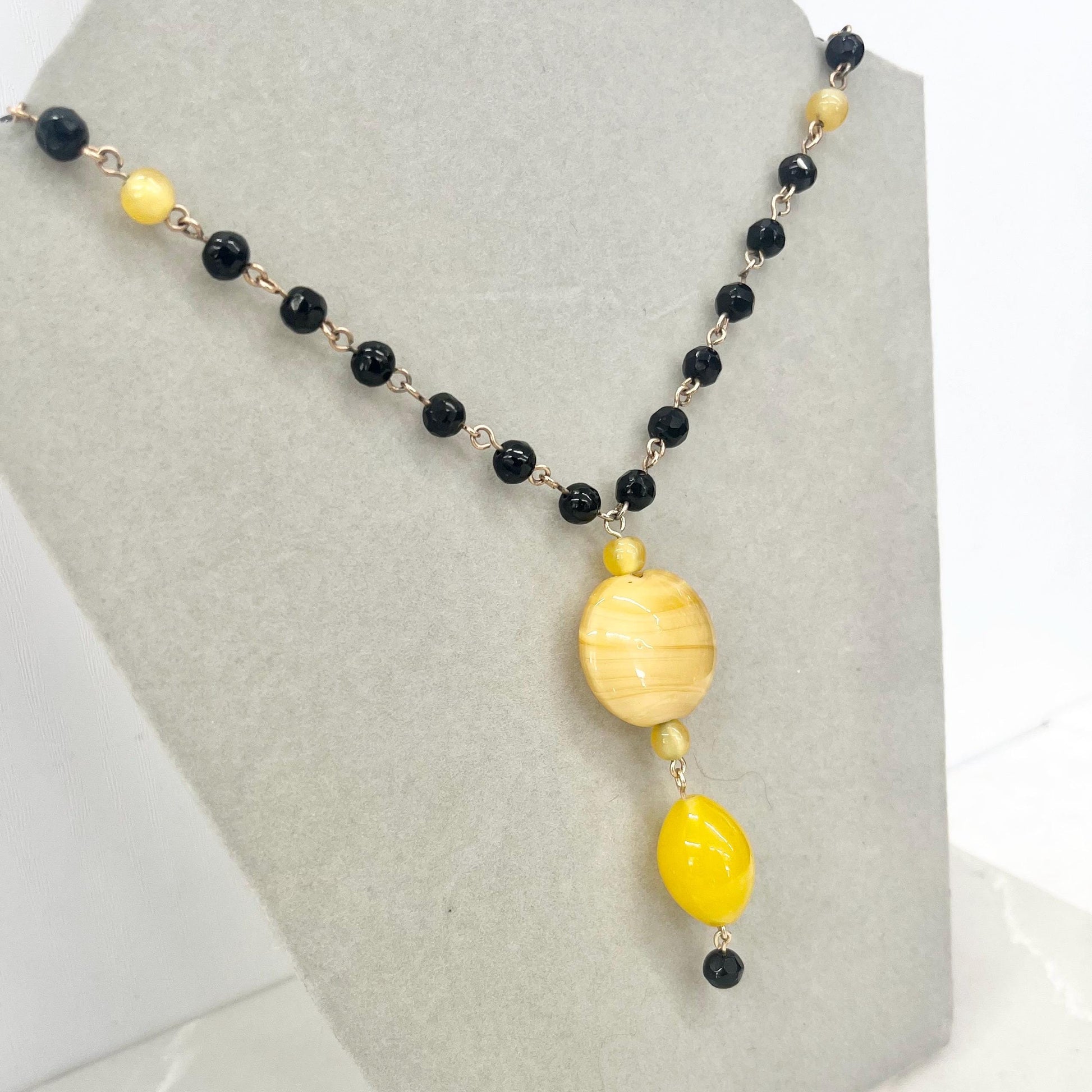 Czech Art Deco Black & Yellow Glass Uranium Bead Drop Necklace UV Reactive Glow 15” Long with a 2” Extender Chain MillyOliverVintage