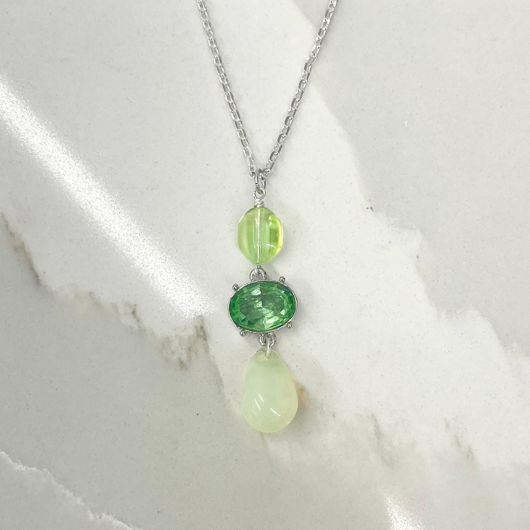 Yellow & Green Uranium Glass and Crystals Pendant and Silver Plate Chain UV Reactive Glow MillyOliverVintage