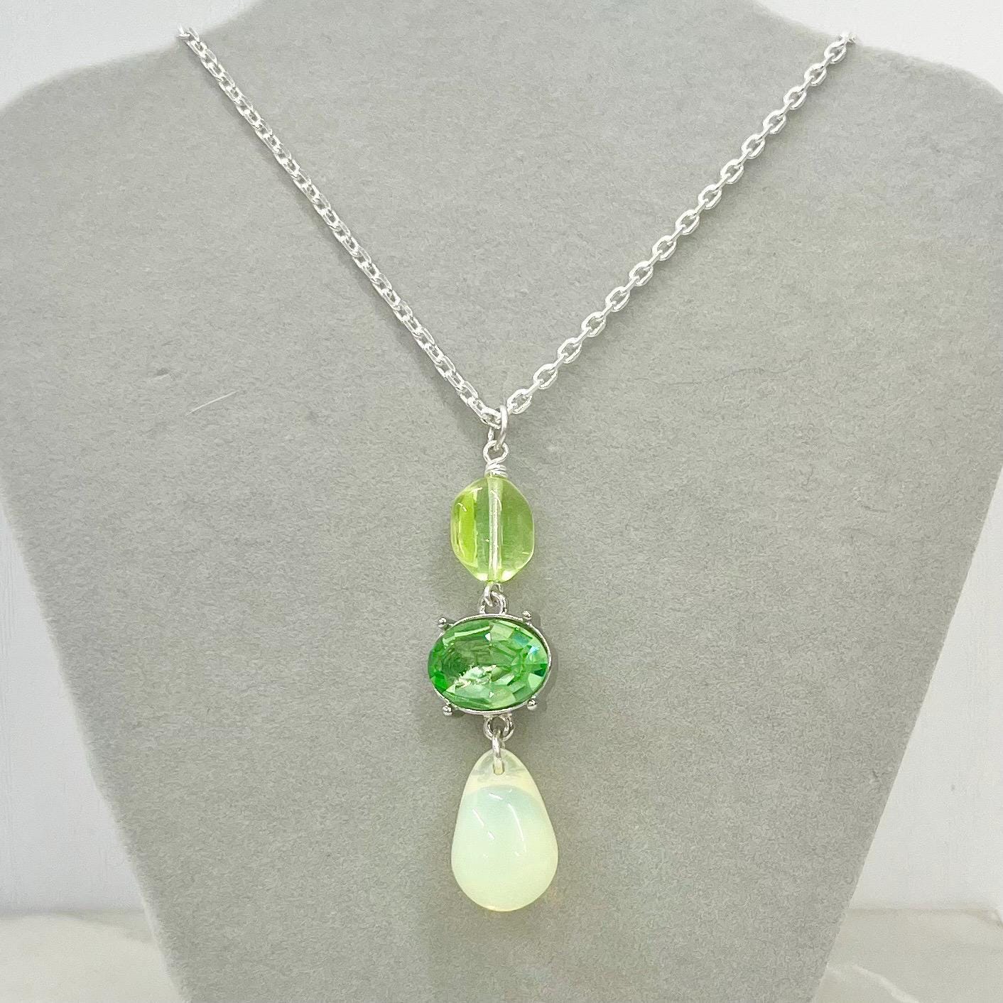 Yellow & Green Uranium Glass and Crystals Pendant and Silver Plate Chain UV Reactive Glow MillyOliverVintage