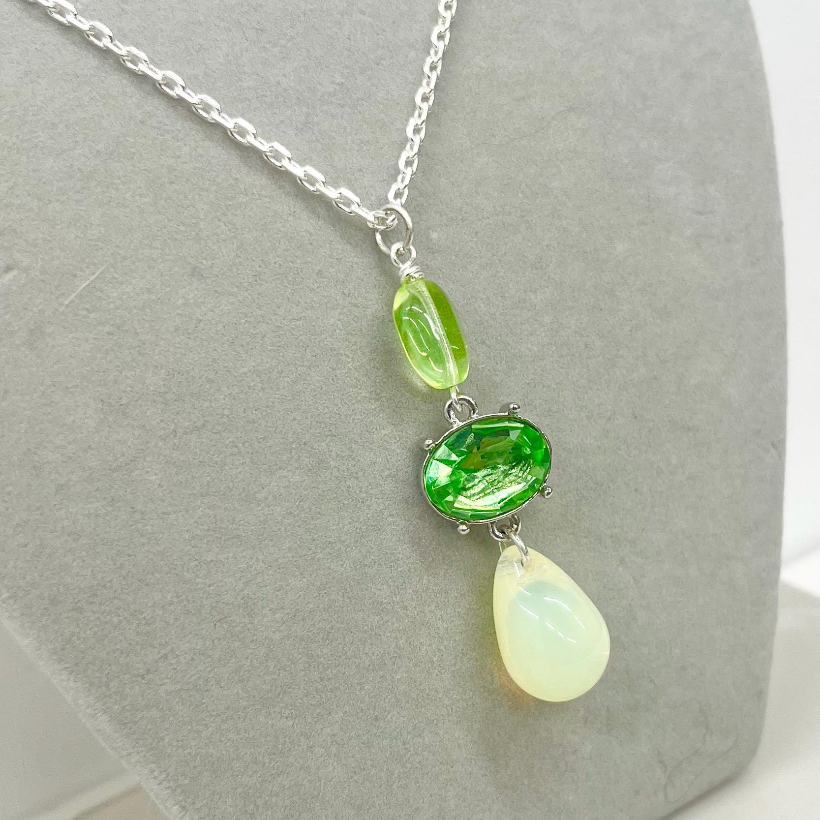 Yellow & Green Uranium Glass and Crystals Pendant and Silver Plate Chain UV Reactive Glow MillyOliverVintage
