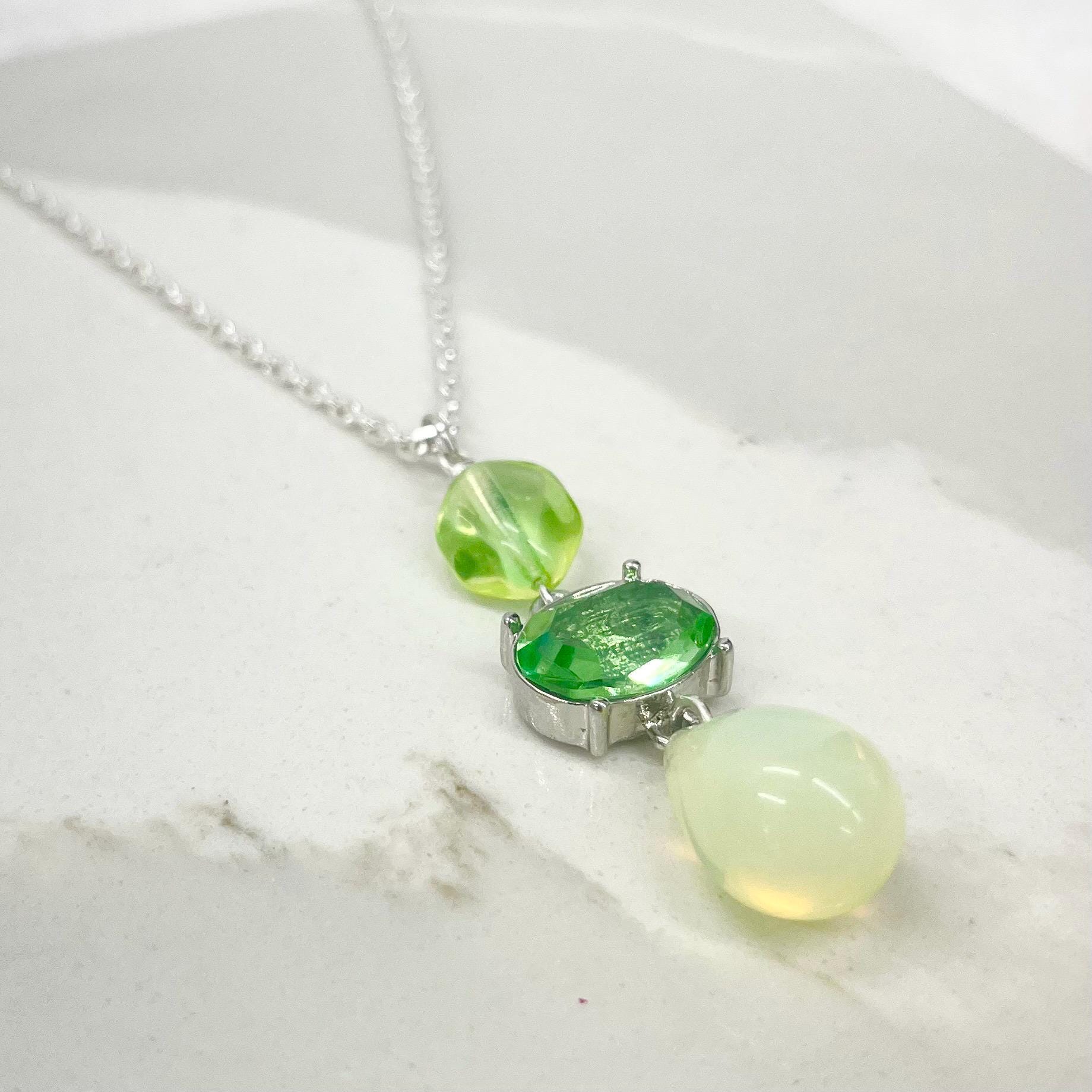 Yellow & Green Uranium Glass and Crystals Pendant and Silver Plate Chain UV Reactive Glow MillyOliverVintage