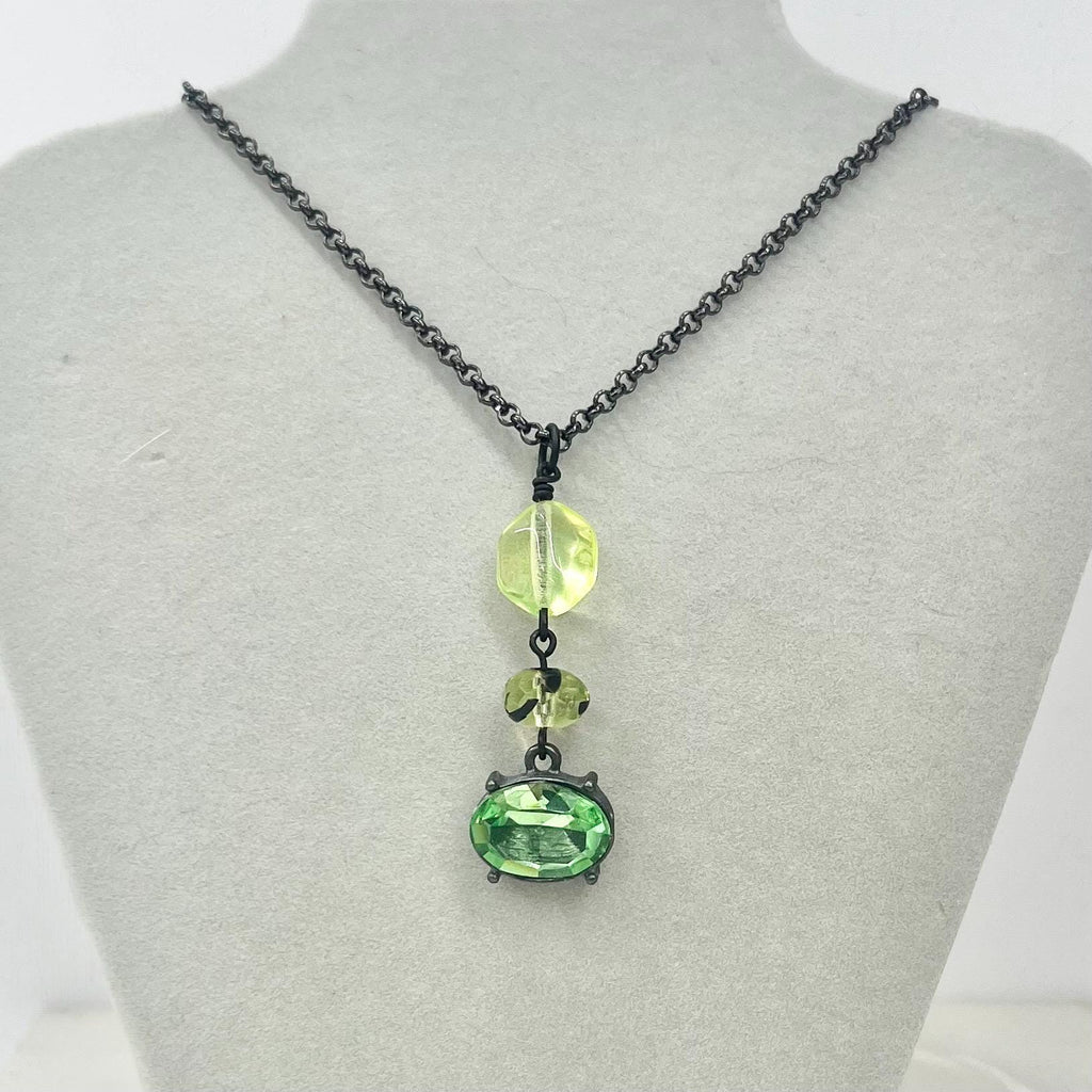 Green Uranium Glass and Crystal Pendant on a Black Gunmetal Chain UV Reactive Glow MillyOliverVintage