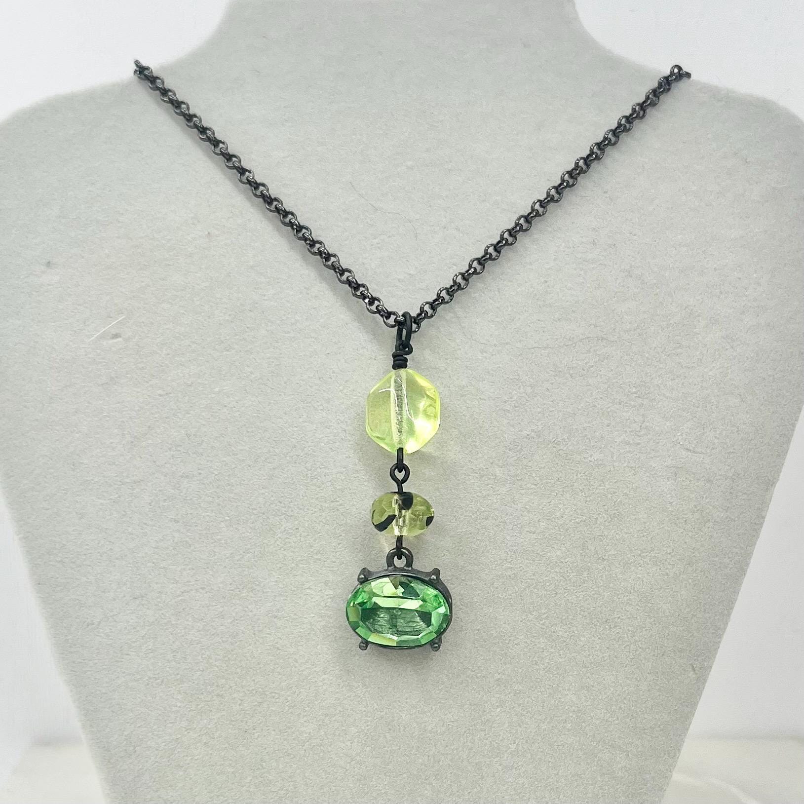 Green Uranium Glass and Crystal Pendant on a Black Gunmetal Chain UV Reactive Glow MillyOliverVintage