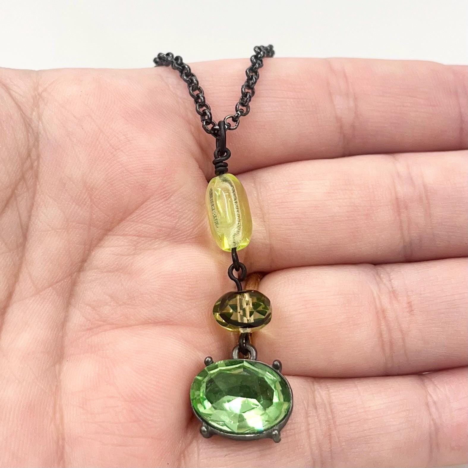 Green Uranium Glass and Crystal Pendant on a Black Gunmetal Chain UV Reactive Glow MillyOliverVintage