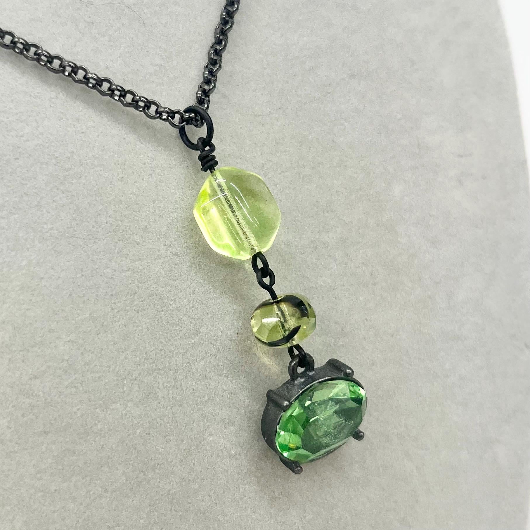 Green Uranium Glass and Crystal Pendant on a Black Gunmetal Chain UV Reactive Glow MillyOliverVintage