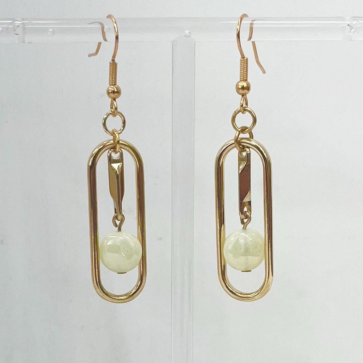 Pearlescent Light Green Uranium Czech Glass Bead Drop Earrings Gold Plate UV Reactive Glow - Milly Oliver MillyOliverVintage