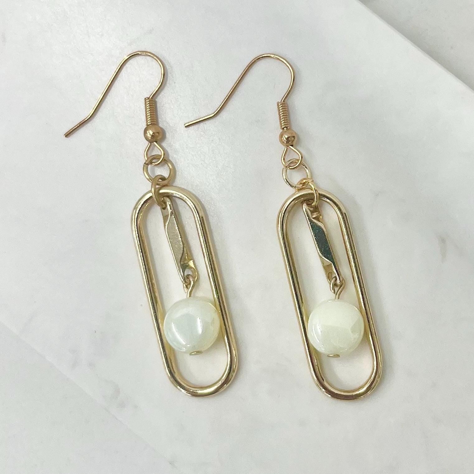 Pearlescent Light Green Uranium Czech Glass Bead Drop Earrings Gold Plate UV Reactive Glow - Milly Oliver MillyOliverVintage